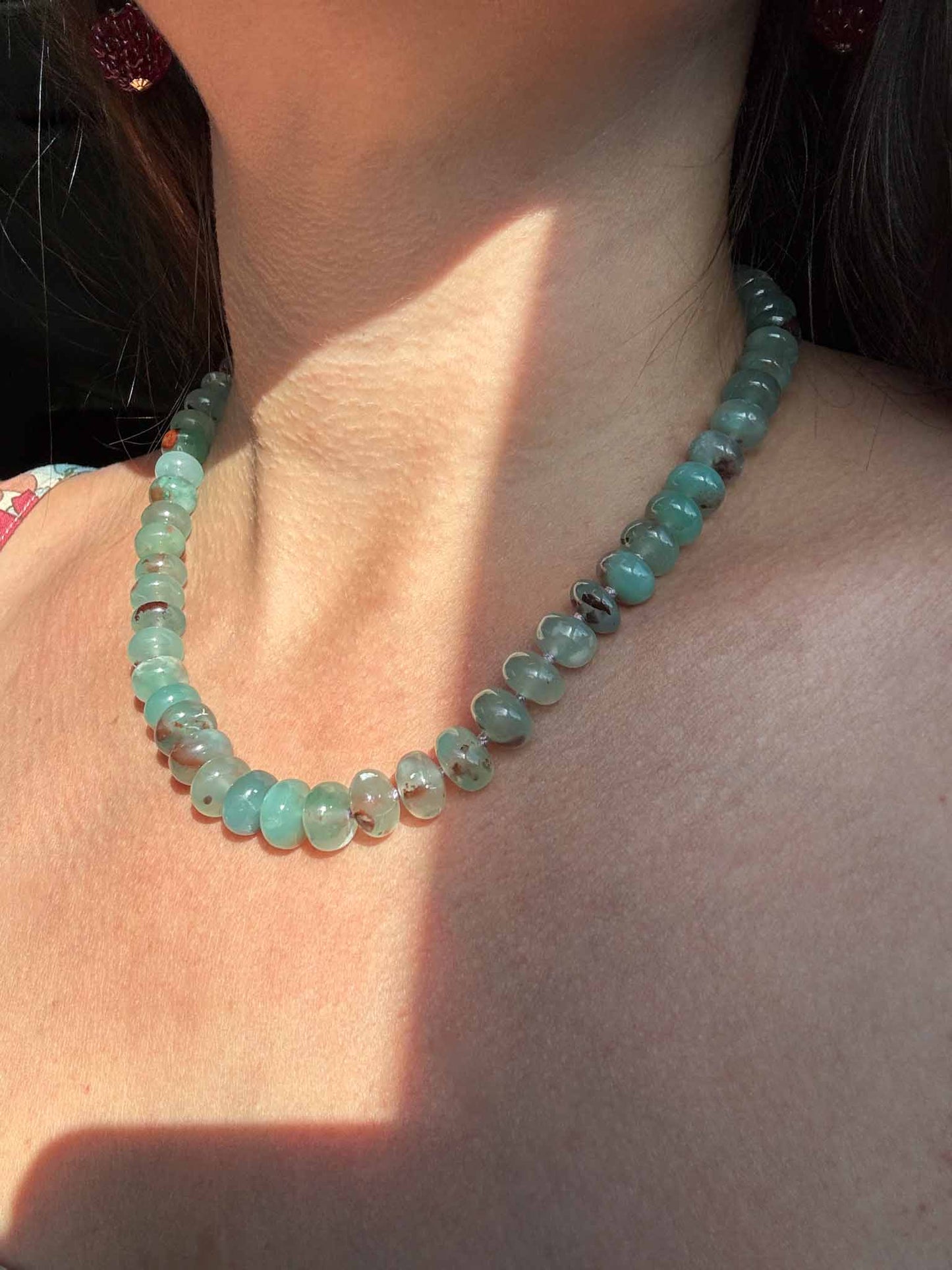 Aqua Chalcedony Knotted Bead Necklace 14k