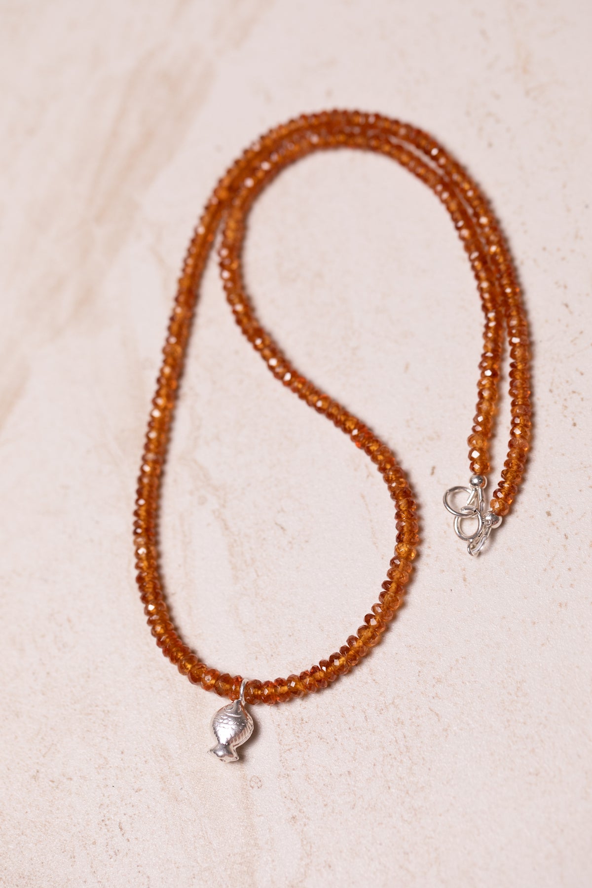 Spessartite Garnet Worry Fish Necklace, Sterling Silver