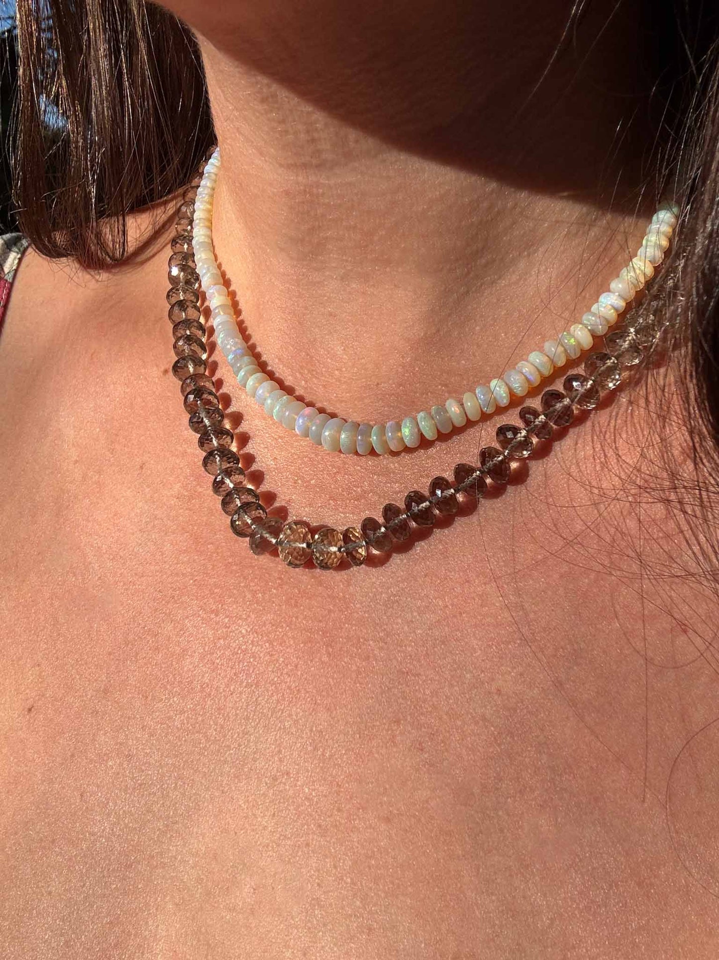 Smoky Quartz Knotted Strand Necklace Solid Gold