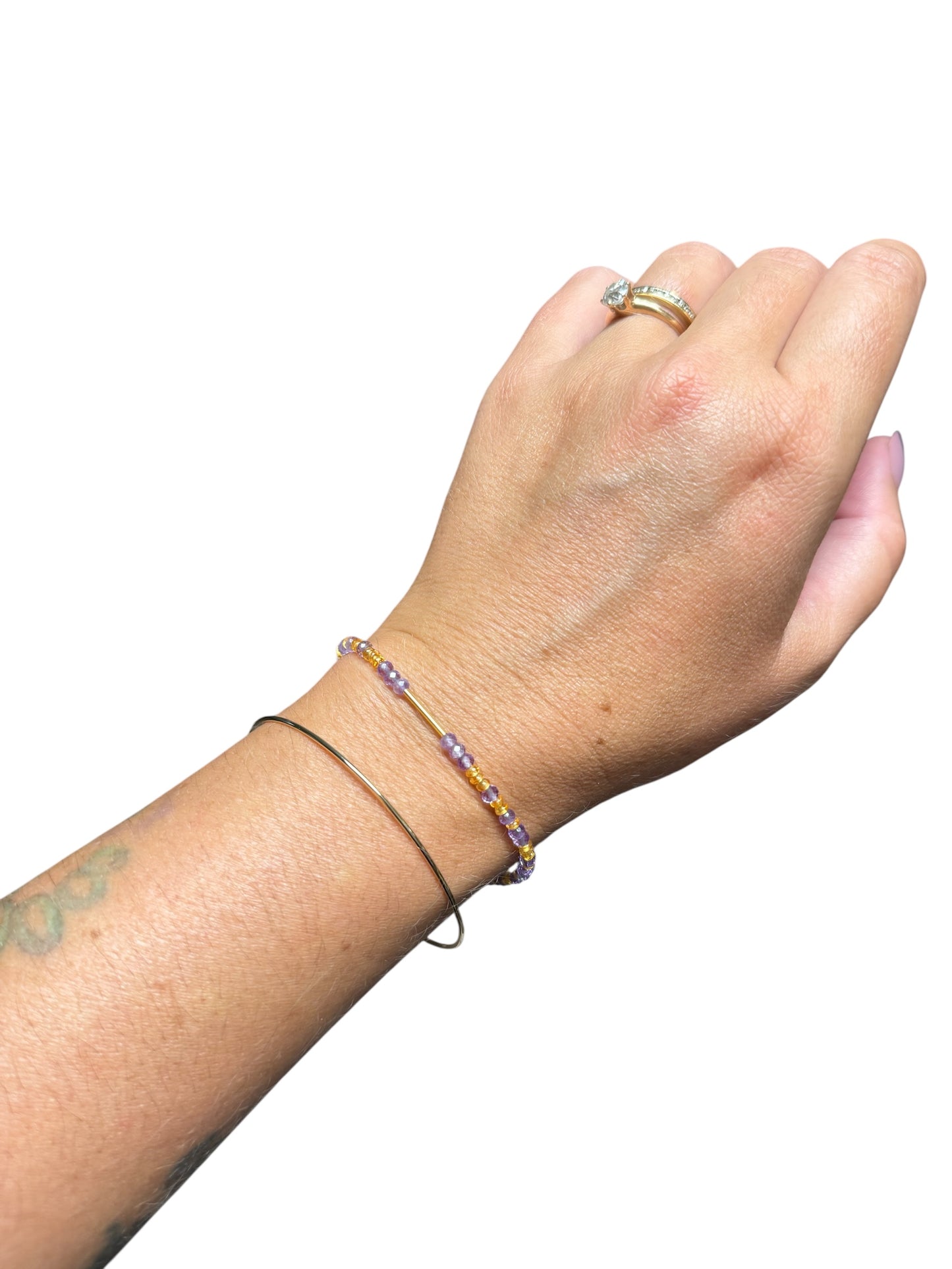 Scattered Light Bracelet 18k gold accent, Mandarin Garnet and Rose de France Amethyst, 14k clasp