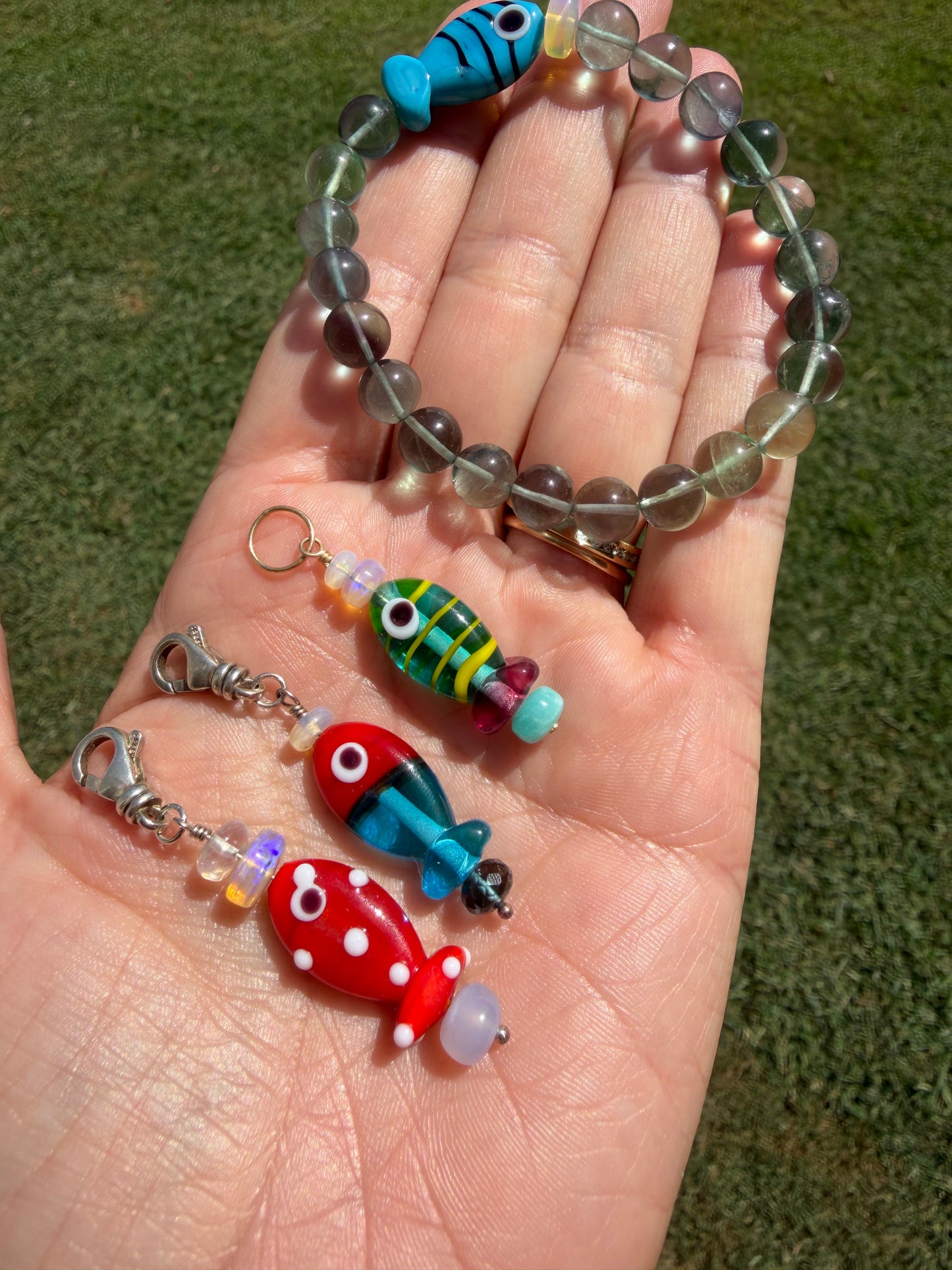 Red Spotted Murano Glass Fishy Charm, Sterling Silver swivel clip