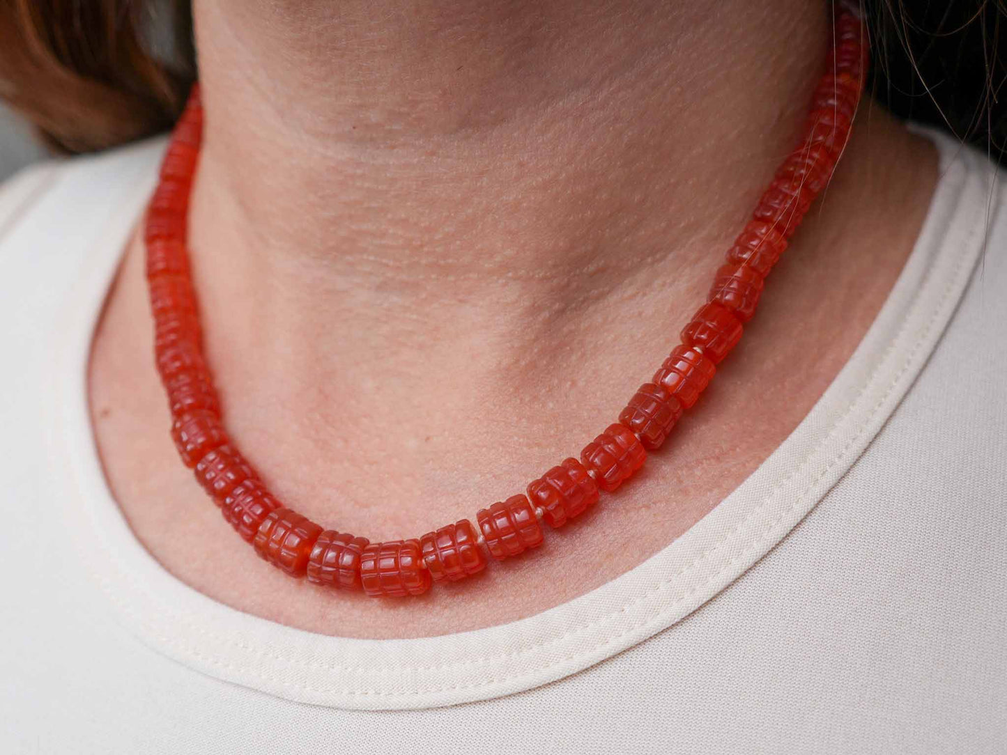 Unique Carved Carnelian Knotted Bead Necklace 14k