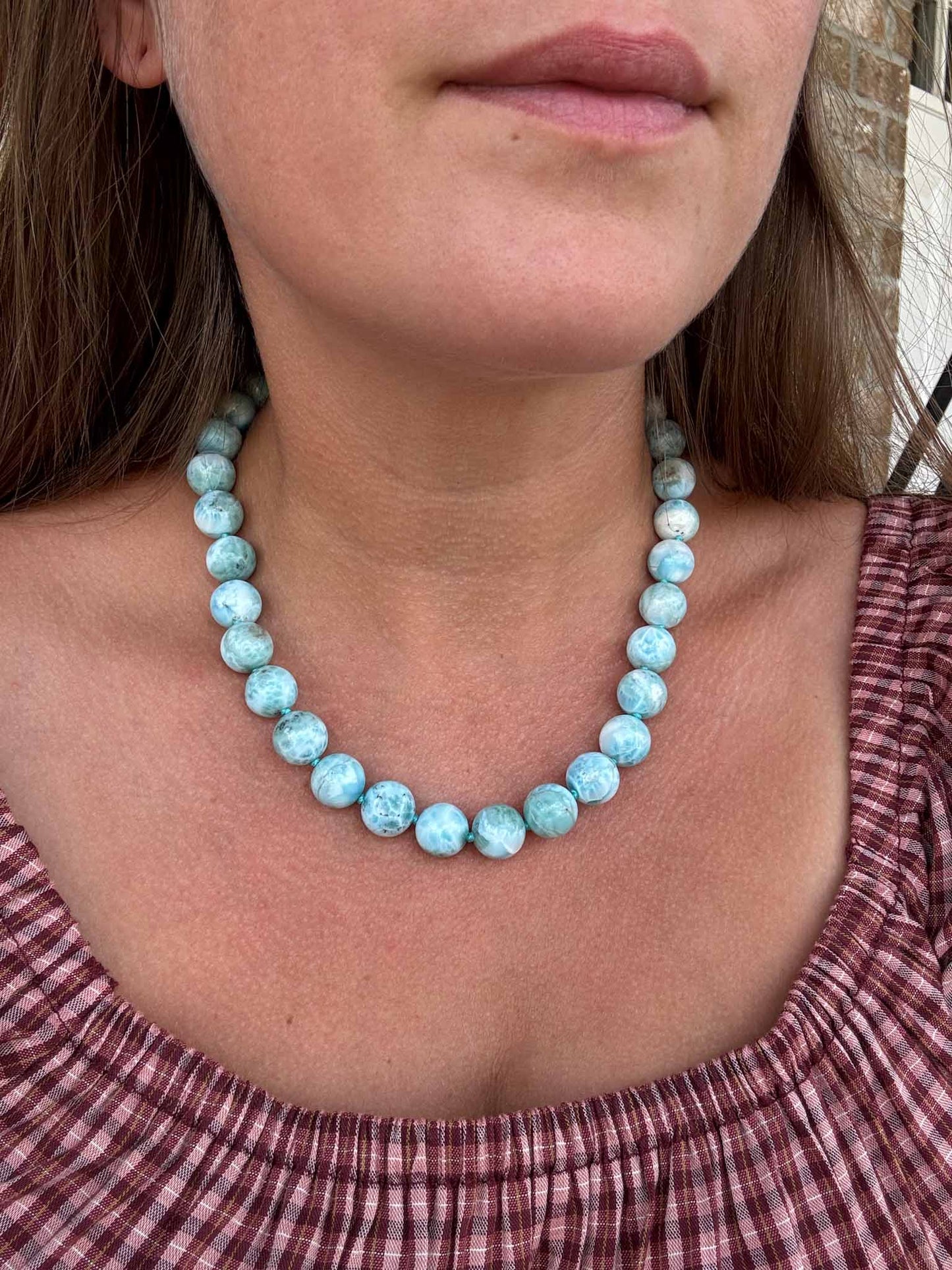 Natural Larimar Knotted Bead Necklace 14k