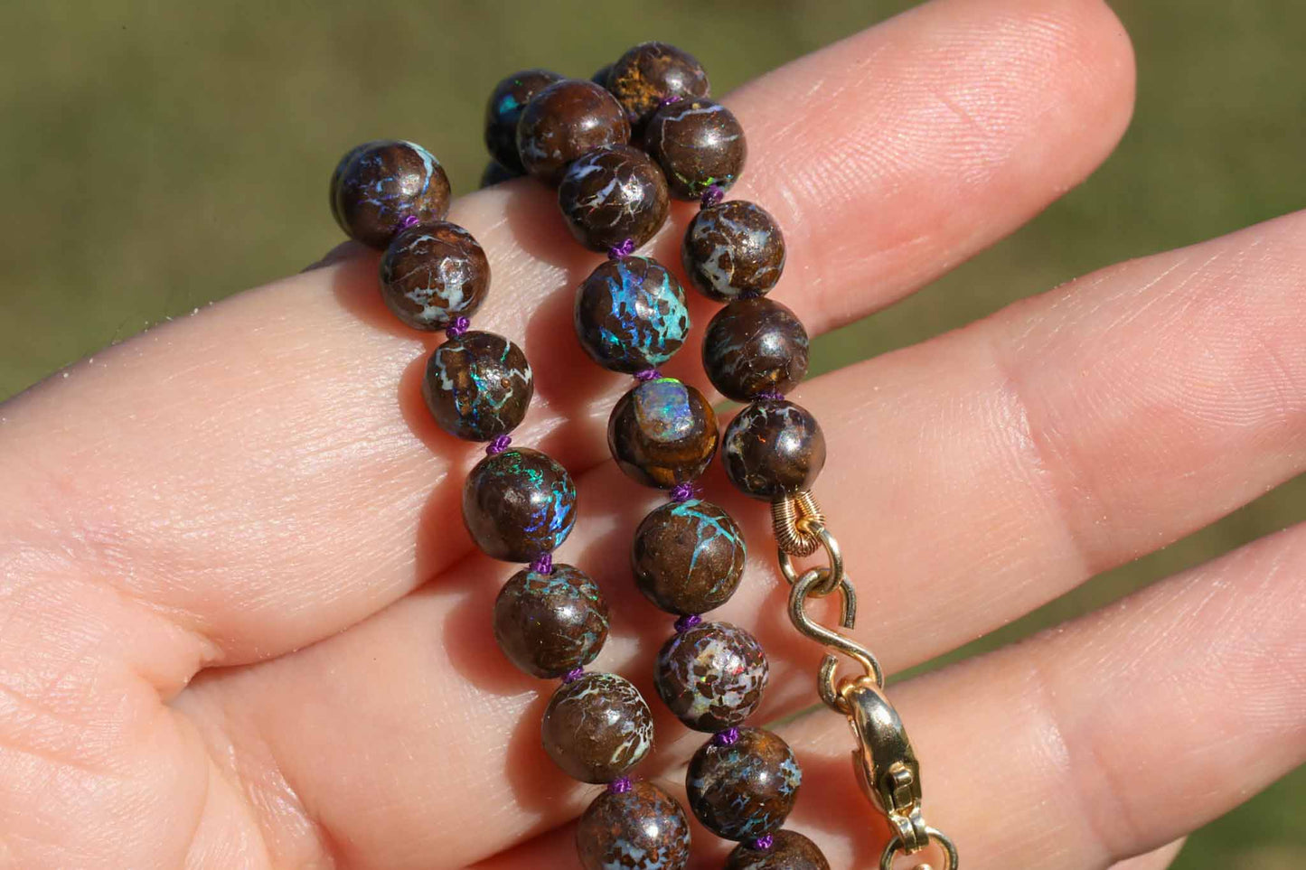 Dreamy Australian Boulder Opals Knotted Bead Strand 14k Gold