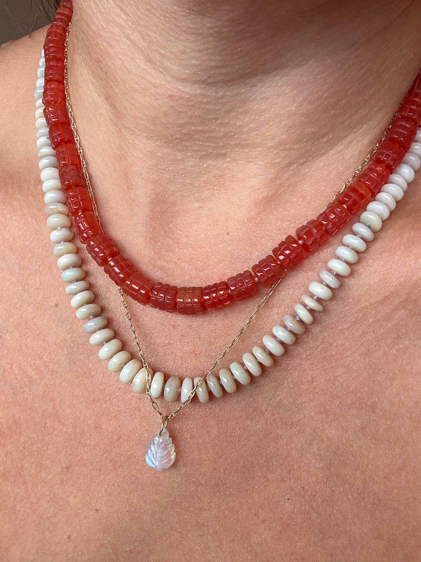 Bright Moonstone Carved Leaf Charm 14k