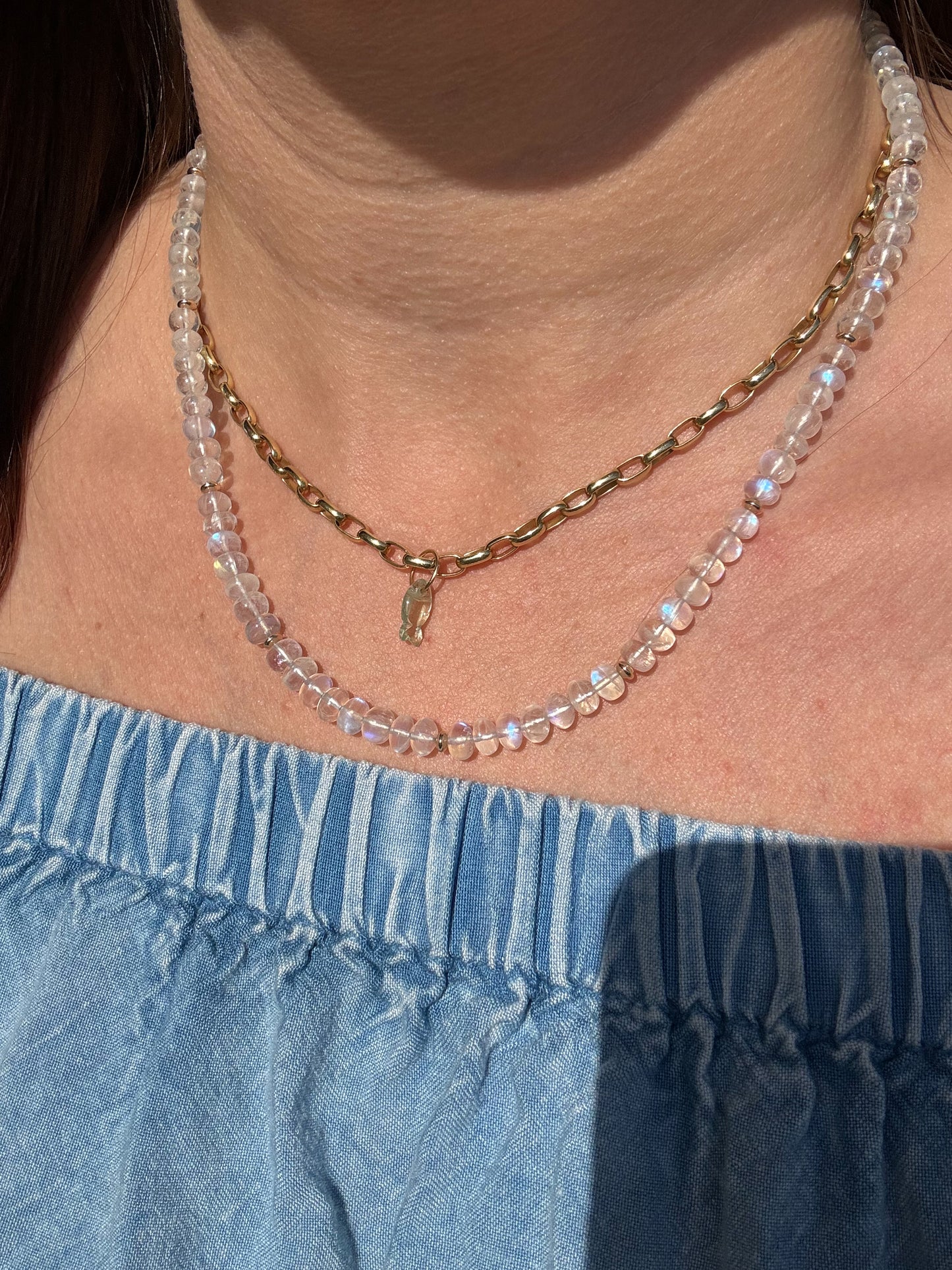Day Glow, Rainbow Moonstone Strand in 14k Gold