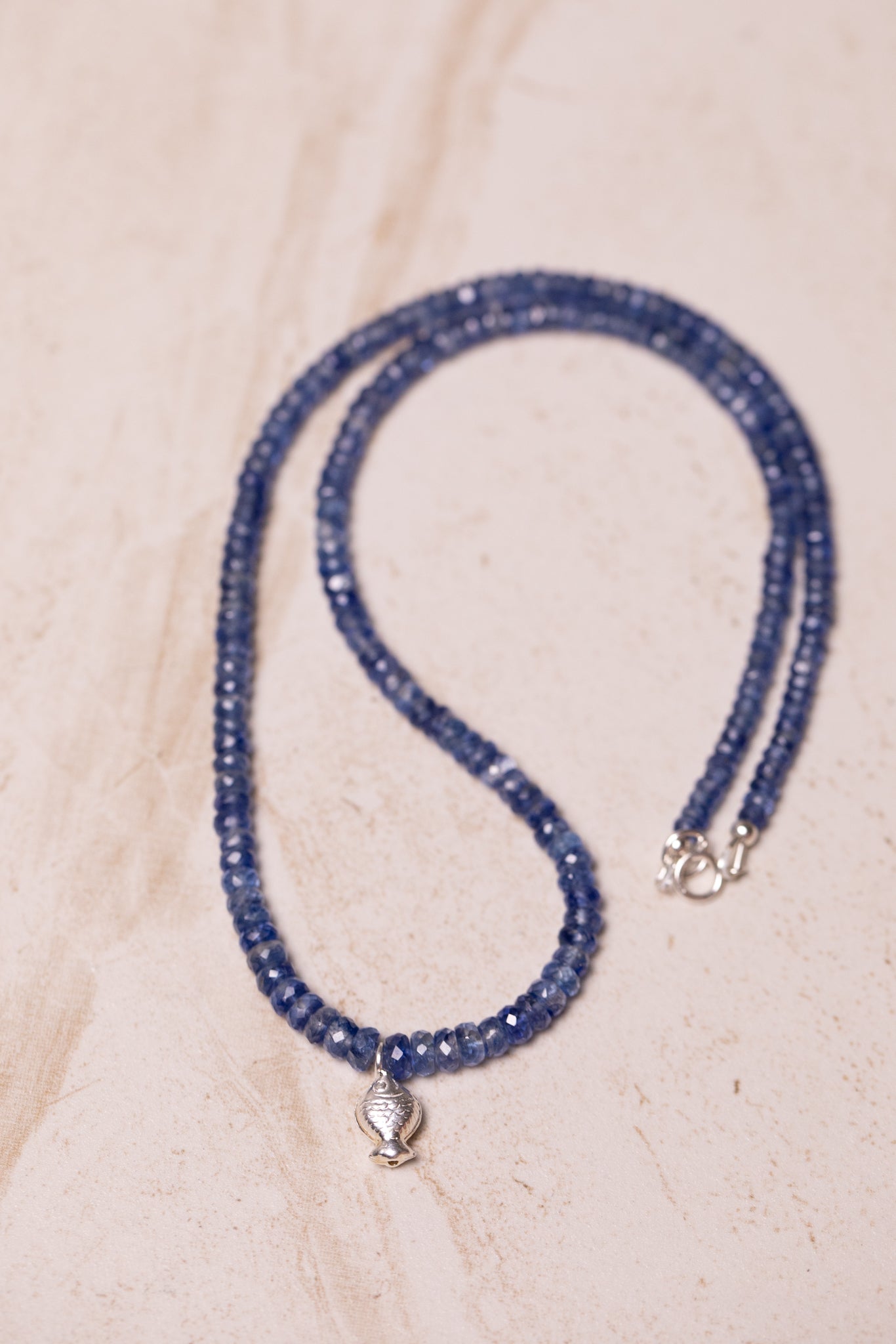 Made to order: Blue Kyanite Worry Fish Necklace, Sterling Silver