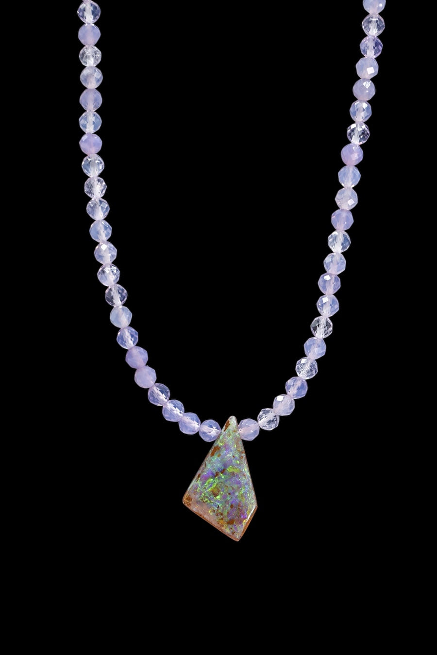 One of a Kind Australian Boulder Opal and Lavender Quartz Necklace 14k
