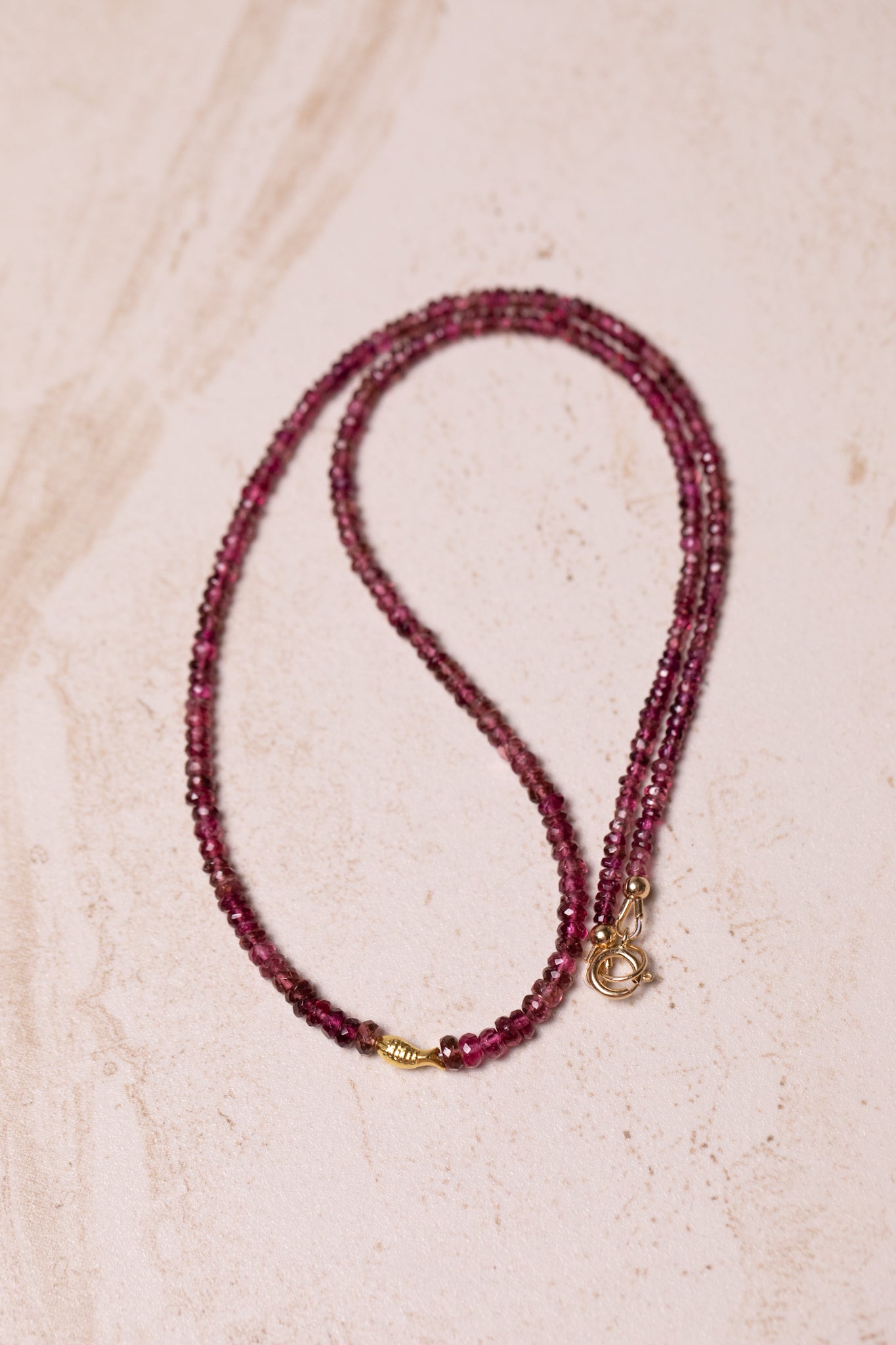 Rubellite Tourmaline Worry Fish Necklace, 14k Gold
