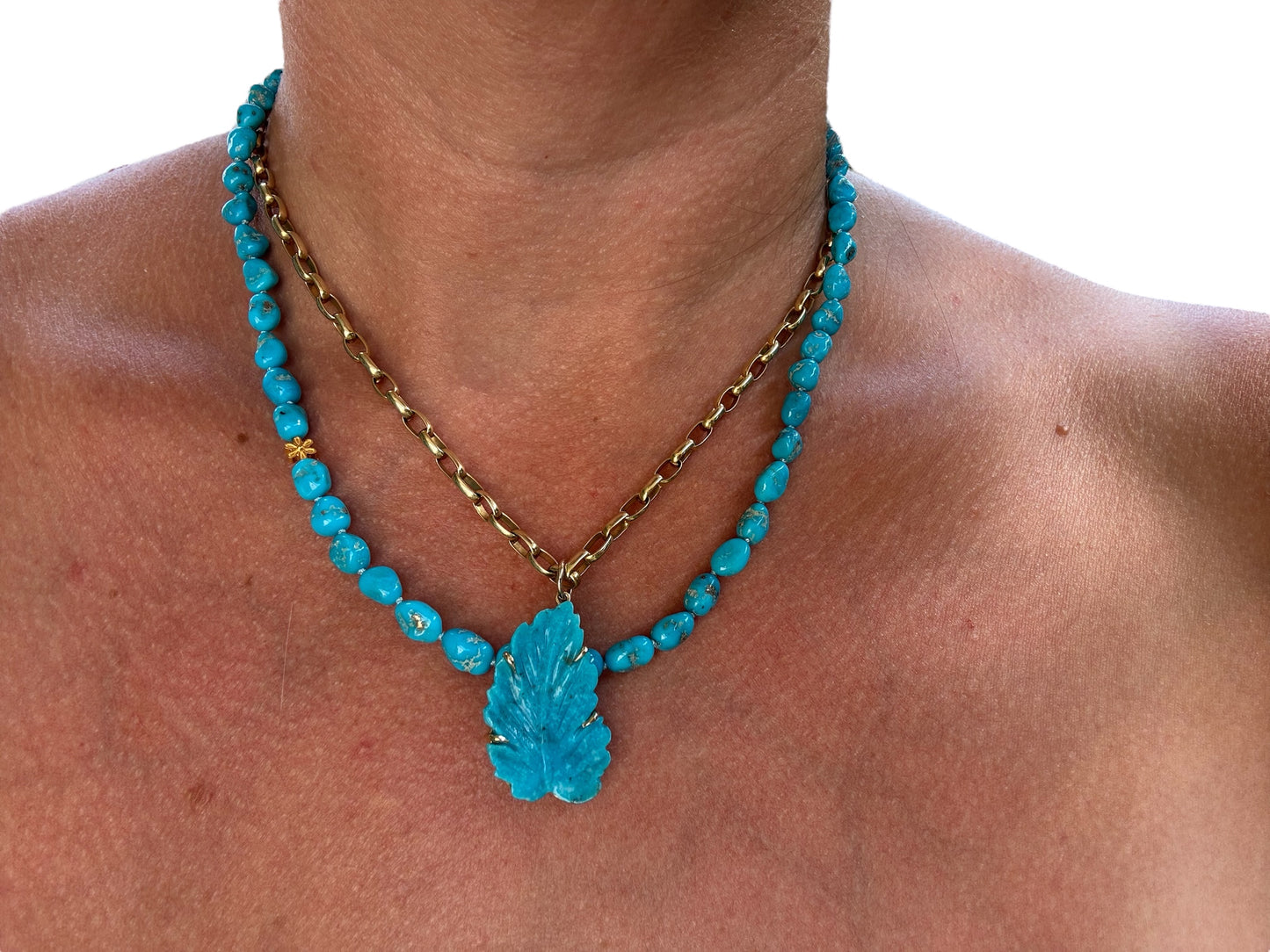 Kingman Turquoise Leaf 14k Gold Pendant