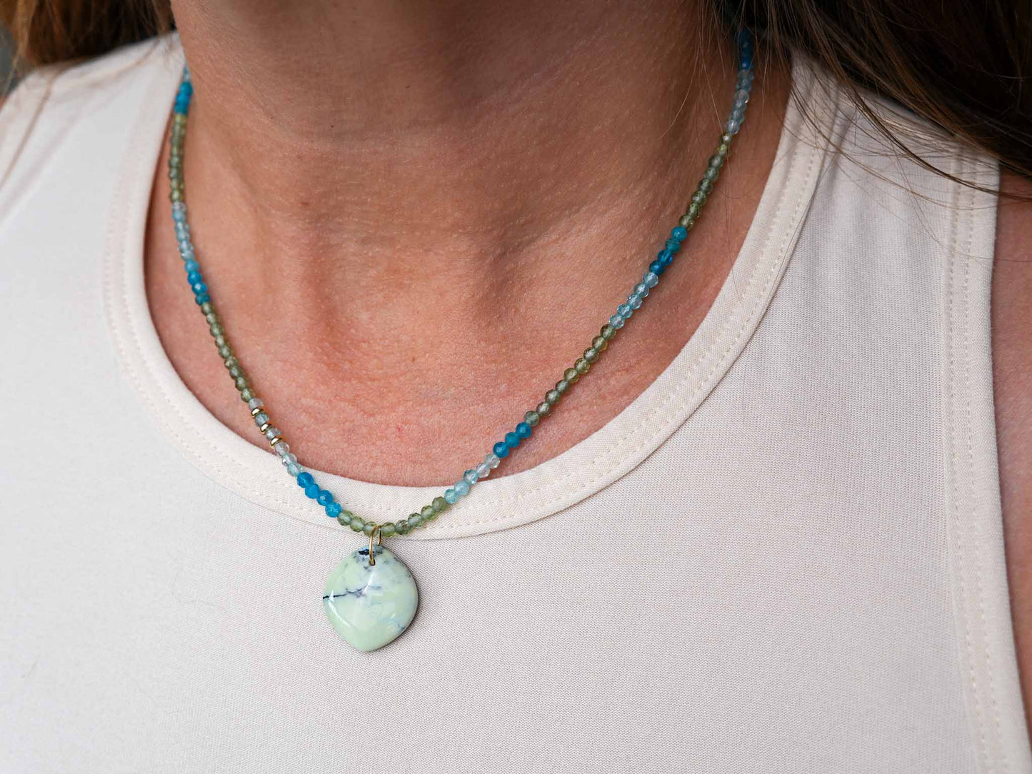 One of a Kind Apatite and Hotsonite Beaded Necklace 14k