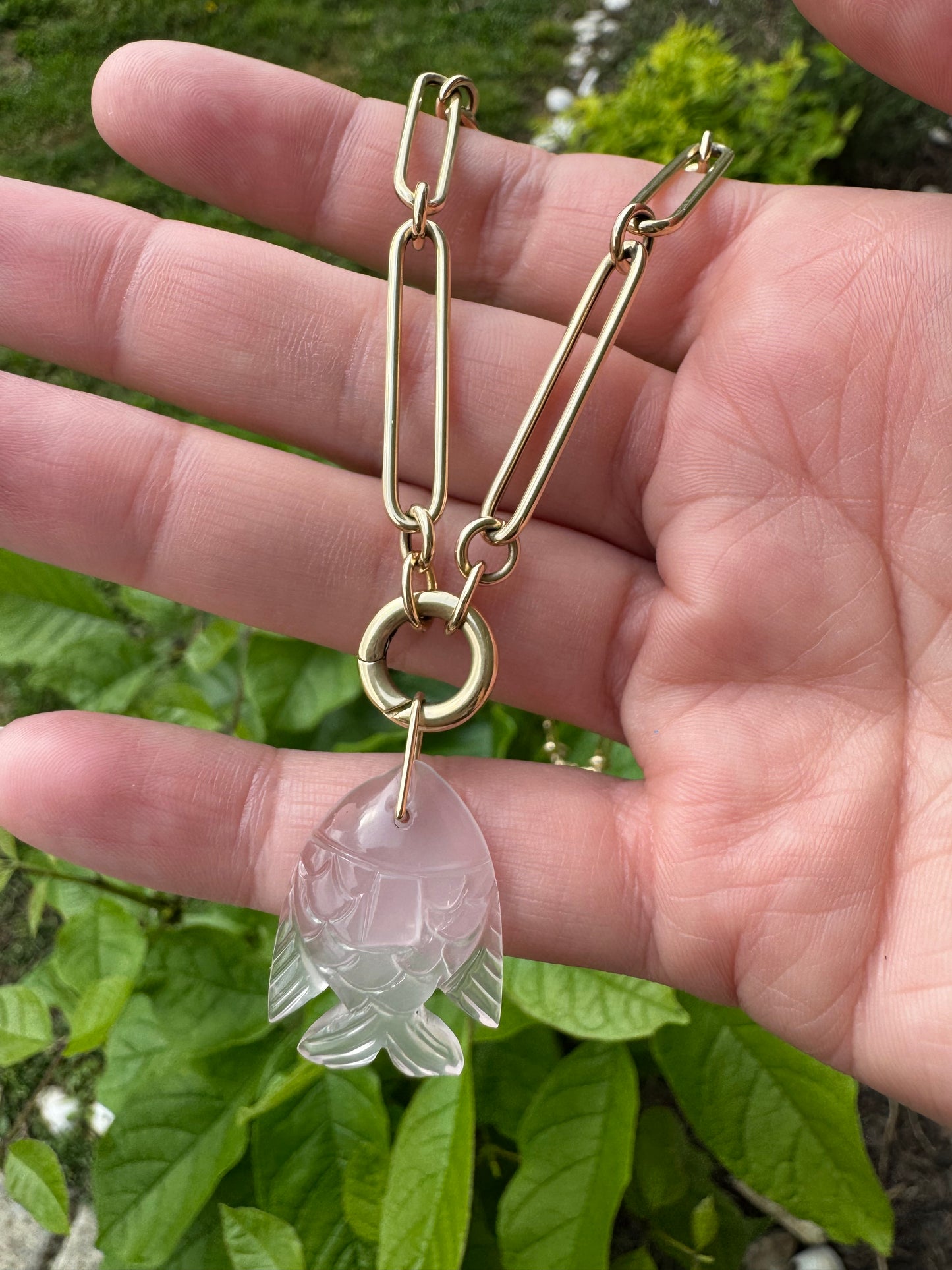 Rose Quartz Fishy Charm 14k