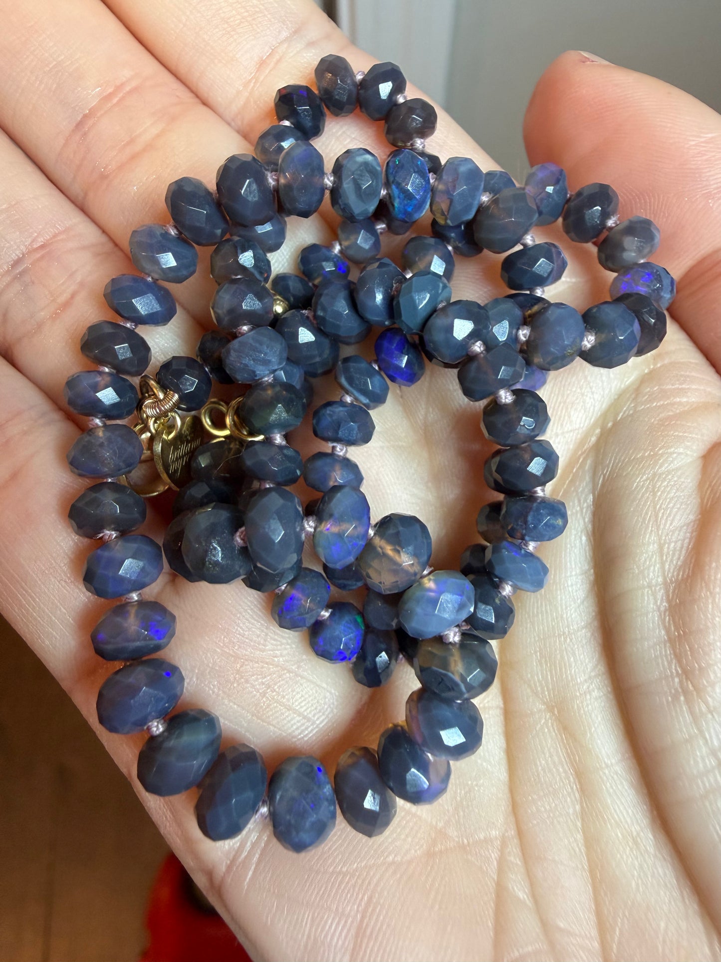 Stellar Australian Black Opals Knotted Necklace 14k Gold