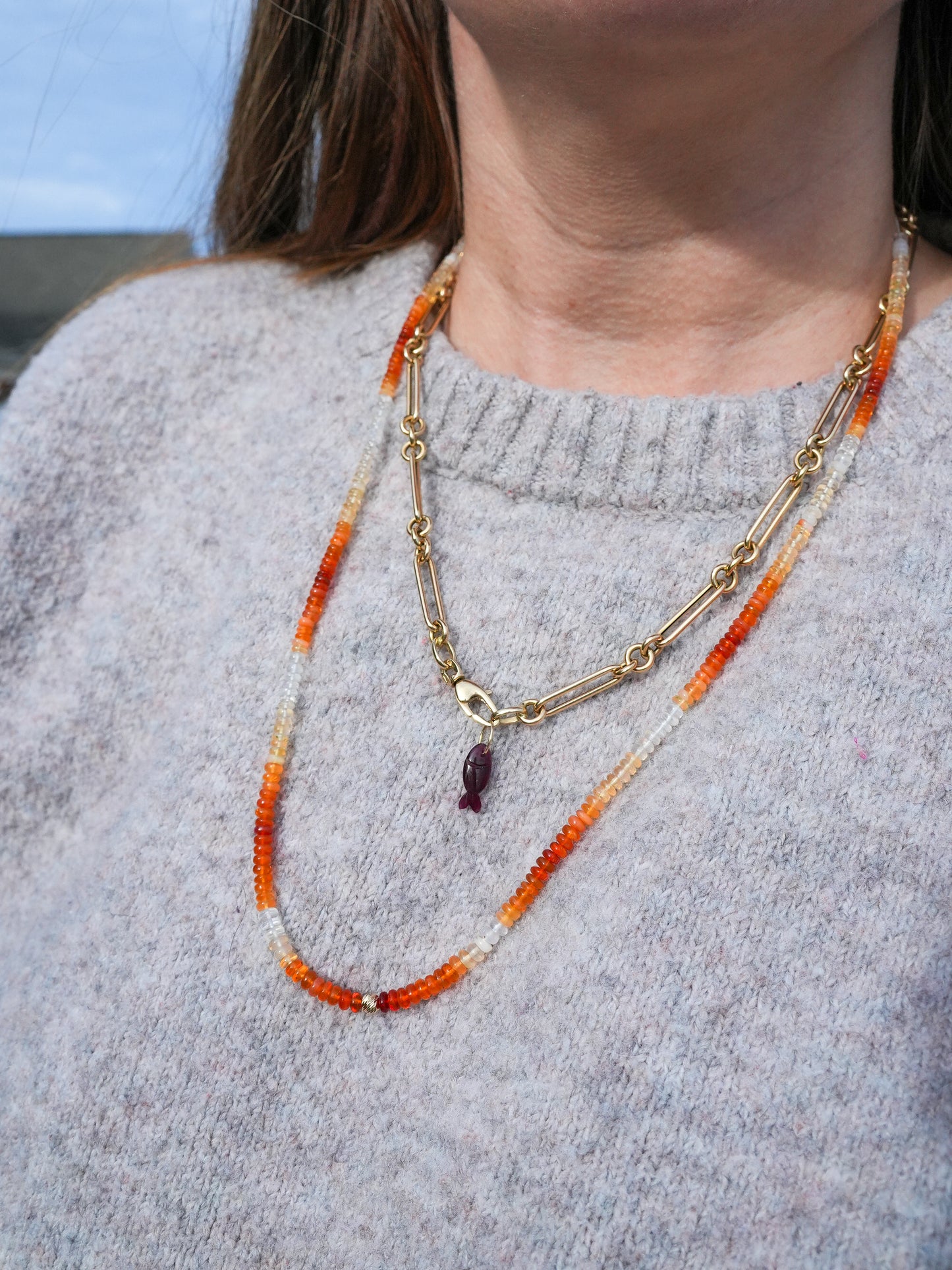 Mexican Fire Opal Beaded Necklace 14k Gold