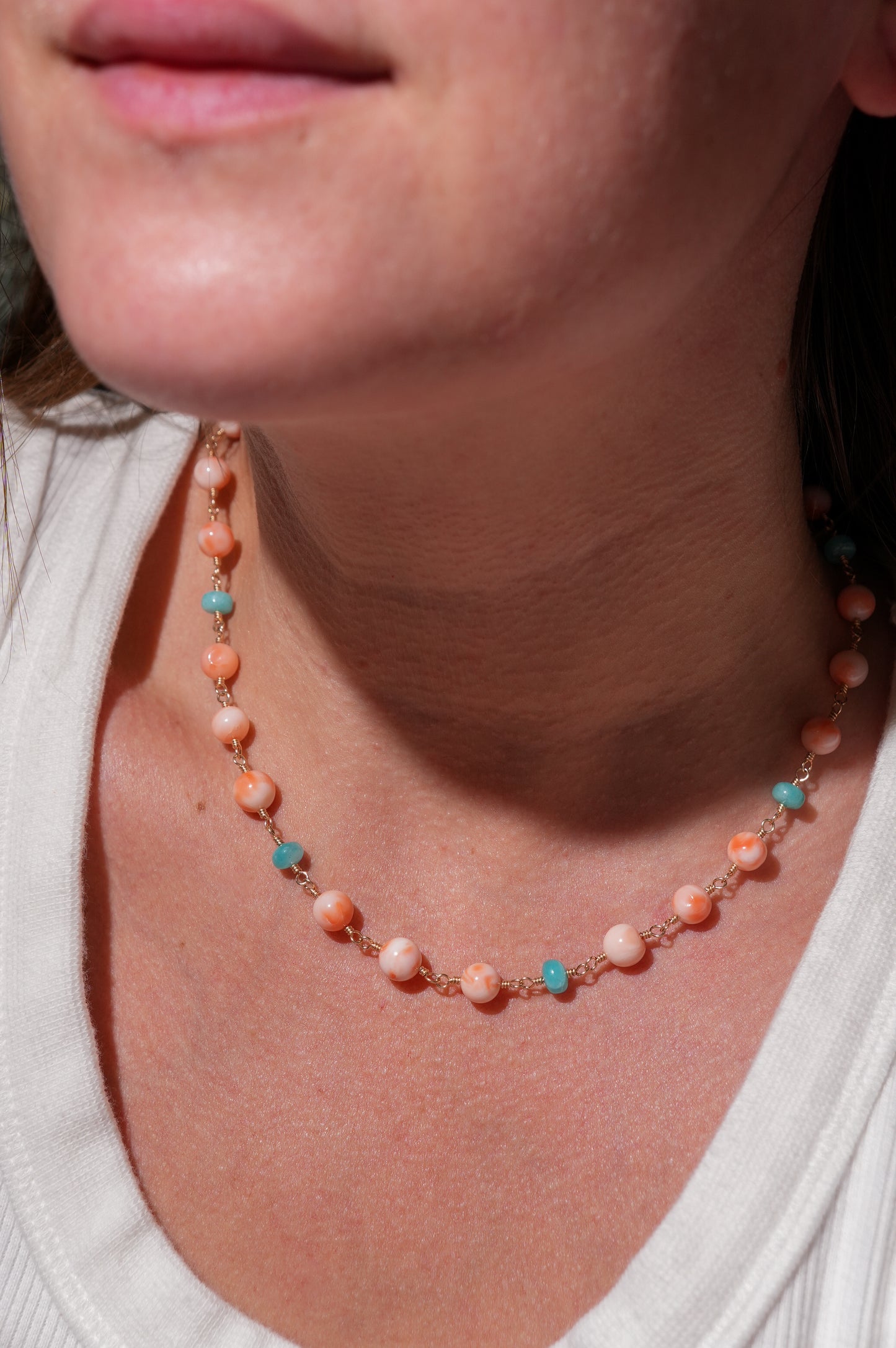 One of a Kind Angel Skin Coral and Amazonite Gold Aurum Necklace