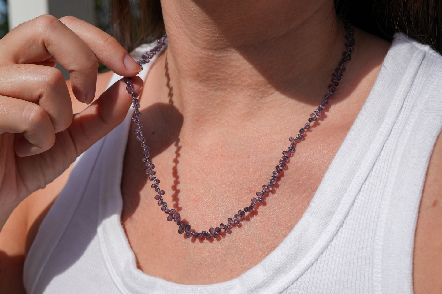 Purple Sapphire Teardrops Knotted Candy Bead Necklace 14k