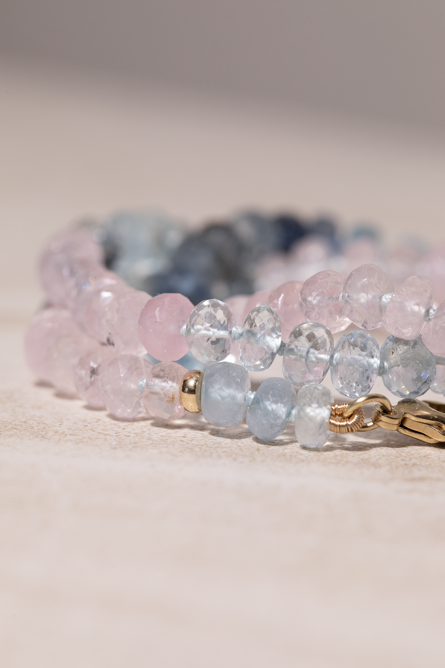 Pink + Blue Beryl Aquamarine and Morganite Strand Necklace 14k