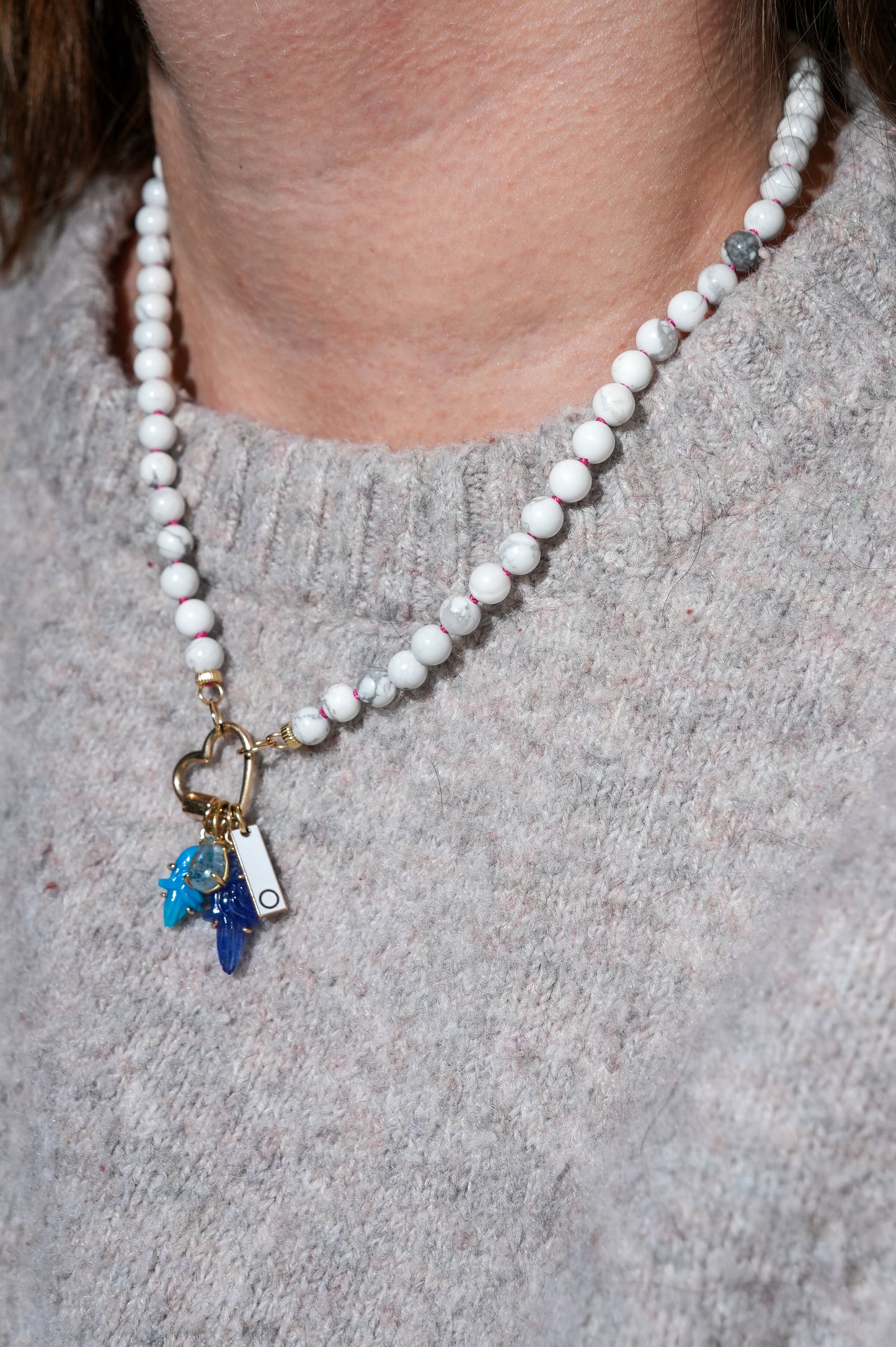 howlite white knotted candy bead necklace 6mm rounds on model