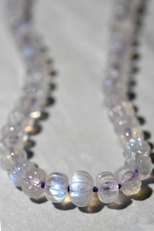 Rainbow Moonstone Knotted Bead Necklace 14k Gold