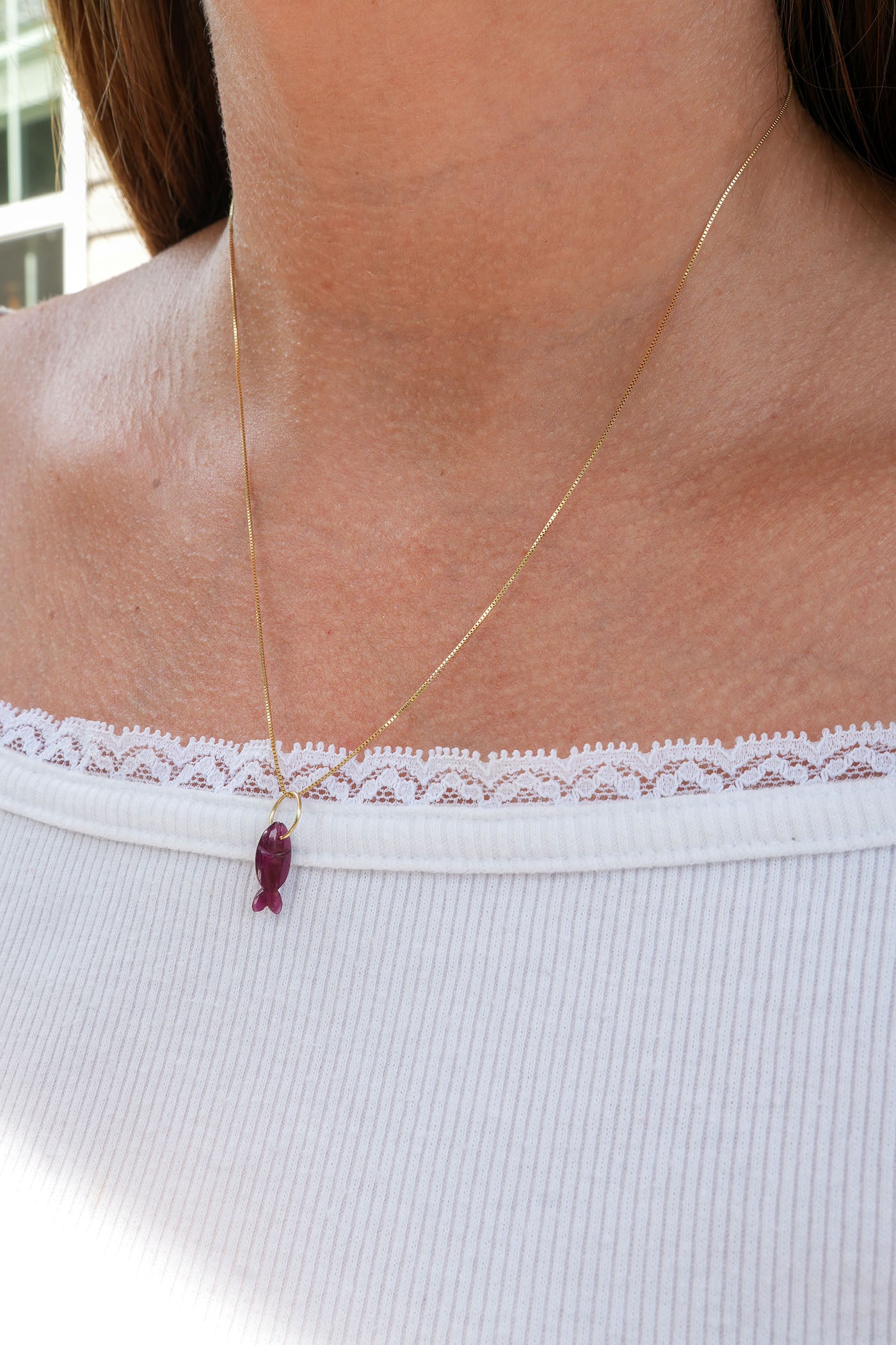 Raspberry Red Natural Tourmaline Fishy Charm 14k