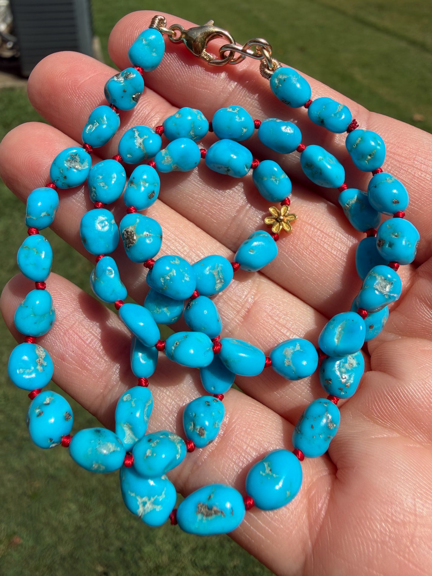 Sleeping Beauty Turquoise Knotted Gem Necklace, 18K Daisy Accent