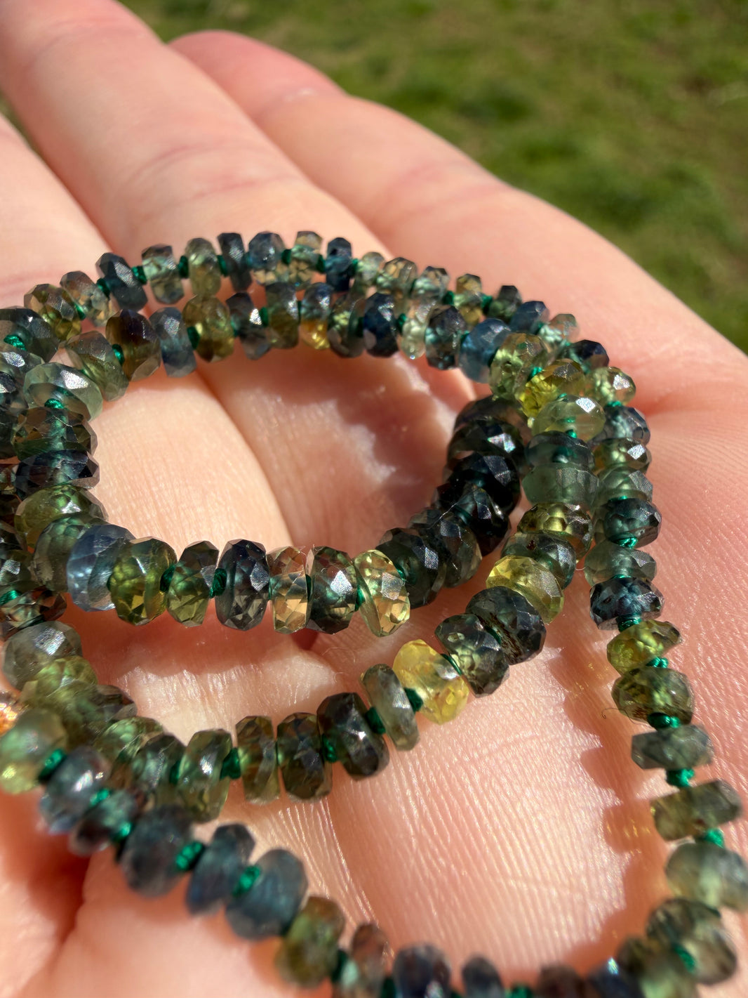 Montana Sapphire Knotted Necklace in 14k Gold, Made to Order, a close look at the stones