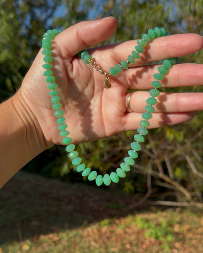 Apple Green Chrysoprase Faceted Saucer Hand Knotted Necklace in 14k Solid Gold
