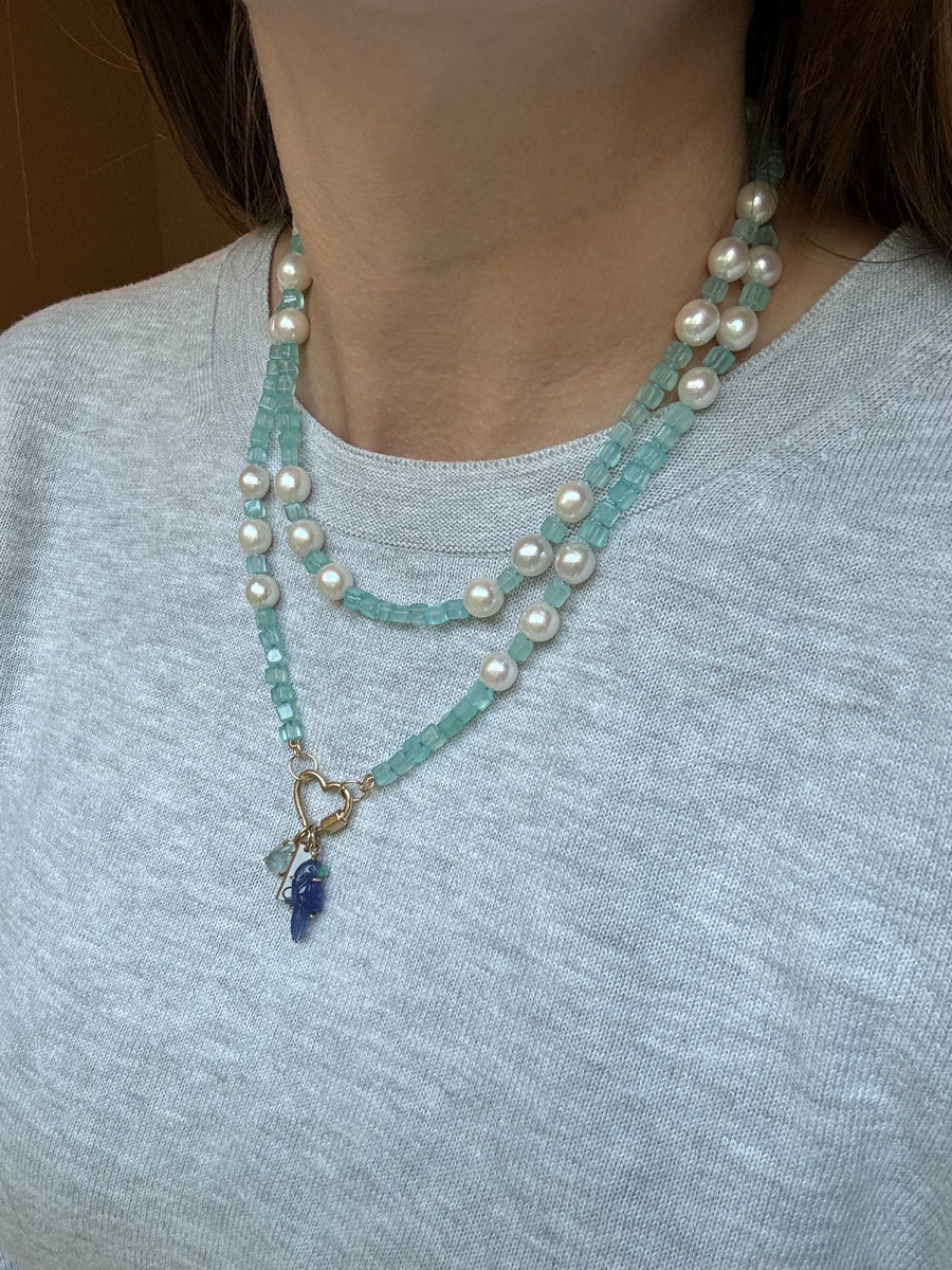 Soft Current, Blue Chalcedony and Pearl Strand in 14k Gold, handmade by Brittany Myra Jewelry