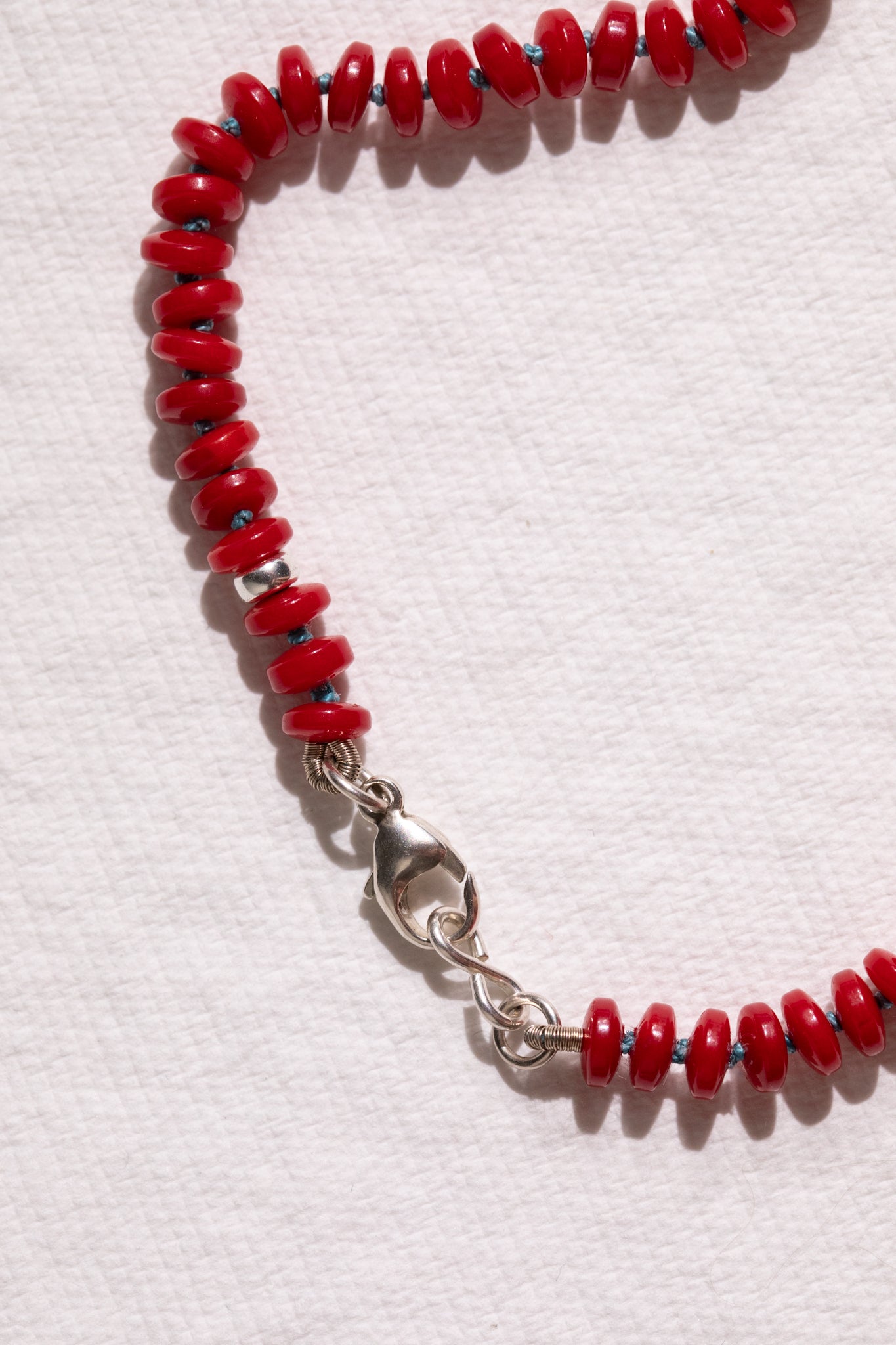 Red Bamboo Coral Knotted Bead Strand, Sterling Silver