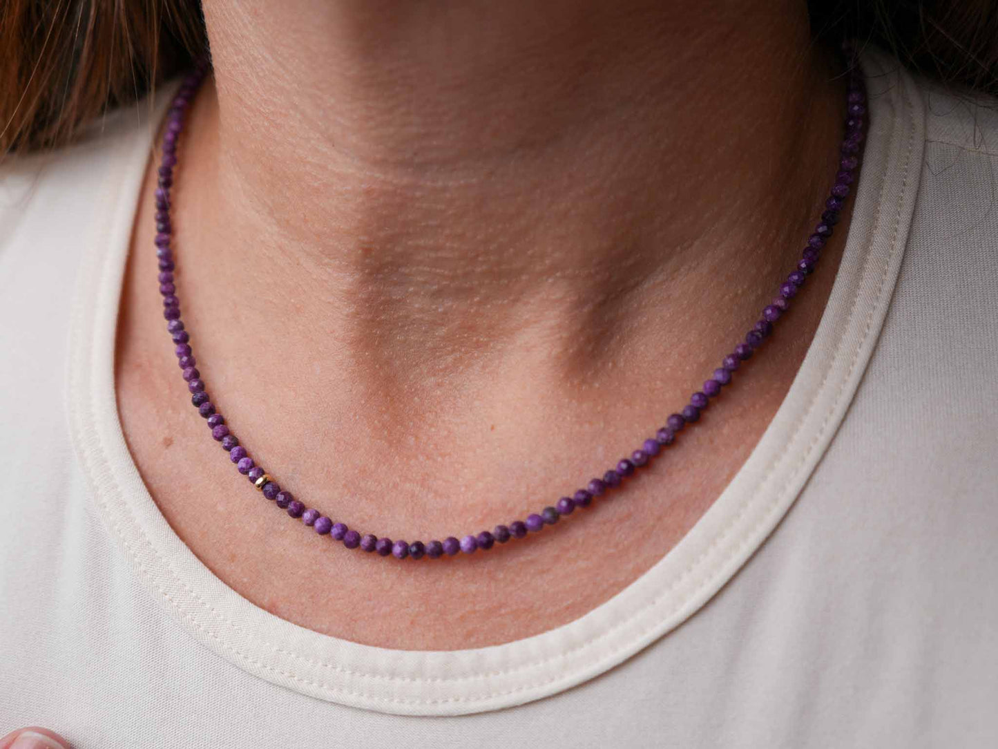Plum Purple Stichtite Dainty Beaded Necklace 14k