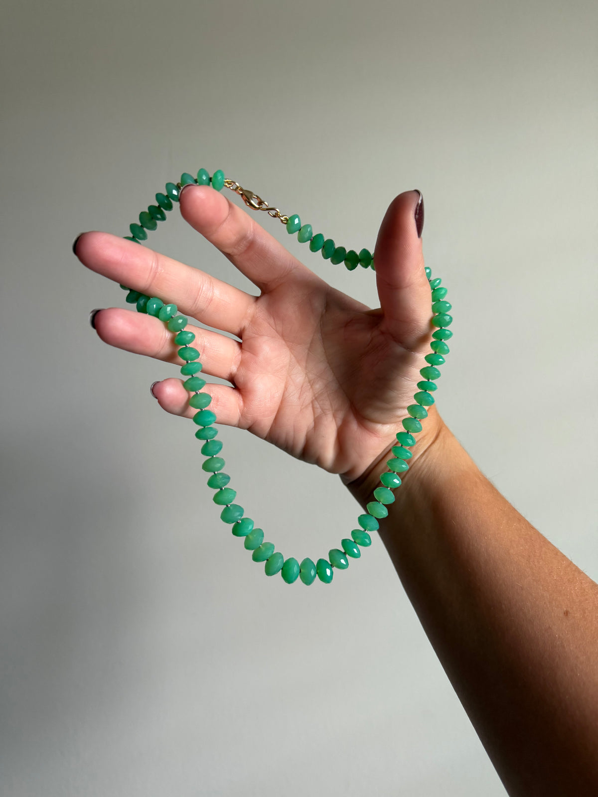 Apple Green Chrysoprase Faceted Saucer Hand Knotted Necklace in 14k Solid Gold