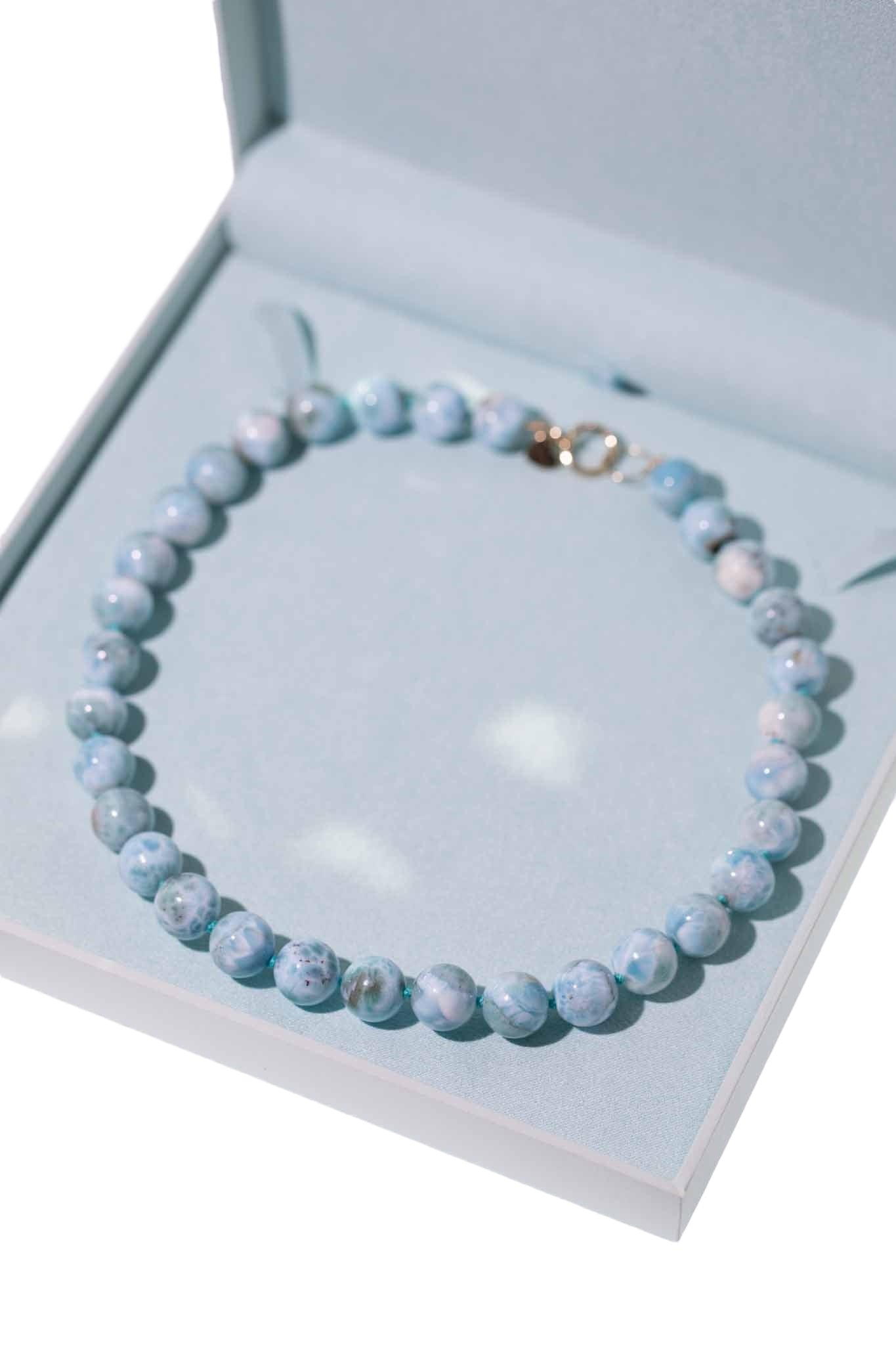 Natural Larimar Knotted Bead Necklace 14k