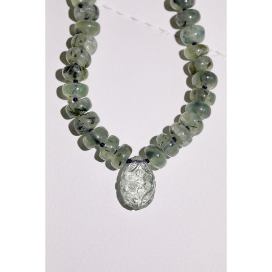 Fleur Verte |One of a Kind Prehnite Knotted Candy Necklace with a Carved Green Amethyst Focal Stone