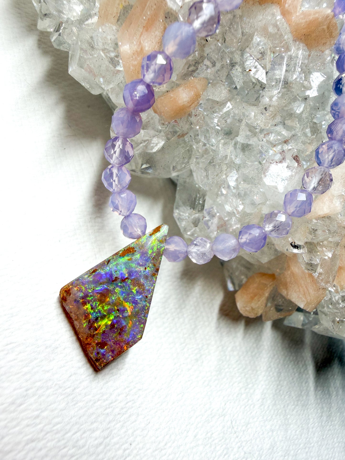 Desert Violet, Lavender Quartz and Boulder Opal Pendant in 14k Gold
