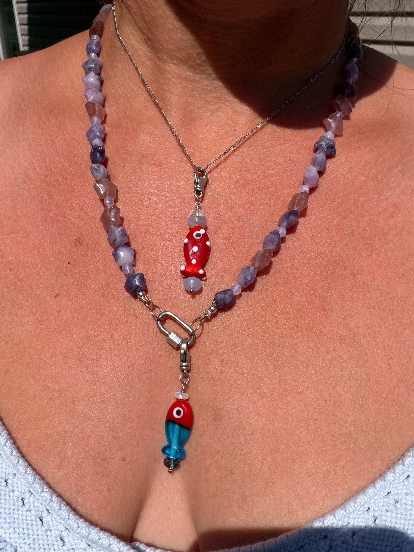 Blue and Red Murano Glass Fishy Charm Sterling Silver Swivel Clip