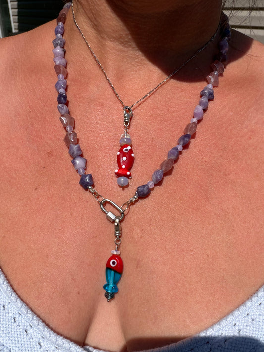 Red Spotted Murano Glass Fishy Charm, Sterling Silver swivel clip