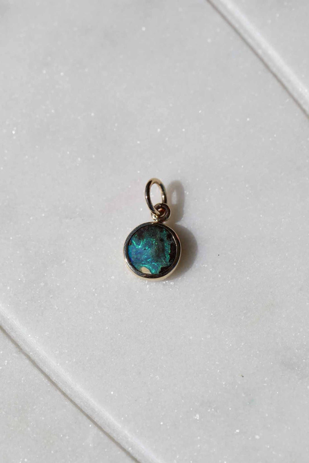 Australian Boulder Opal Charm, 14k Gold, a close look at the stones