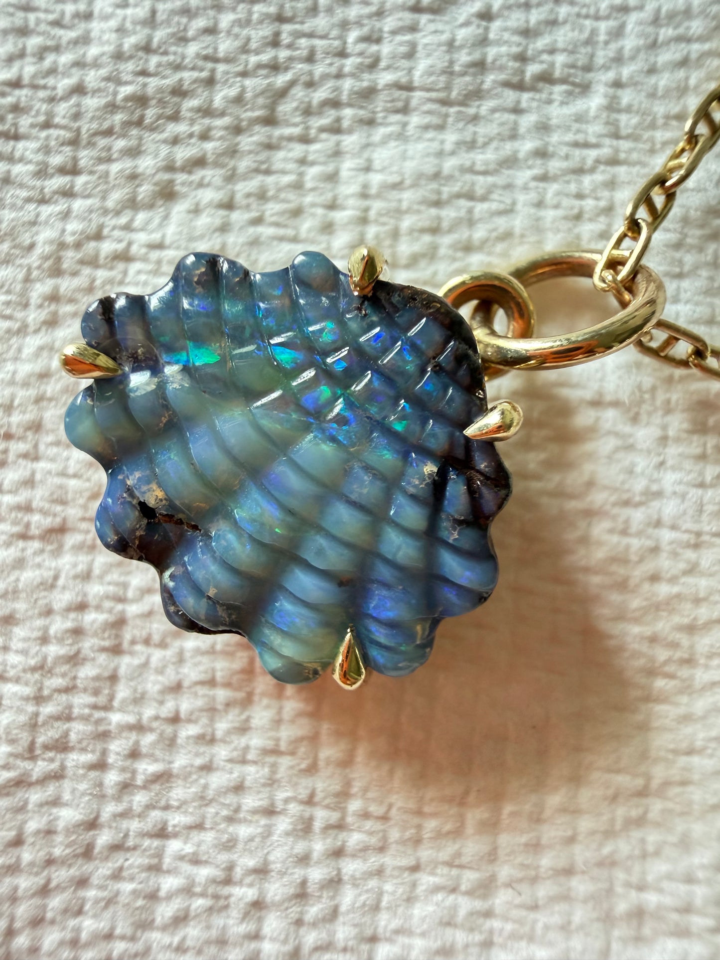 Australian Boulder Opal Shell Charm 14k Gold, Scallop 2