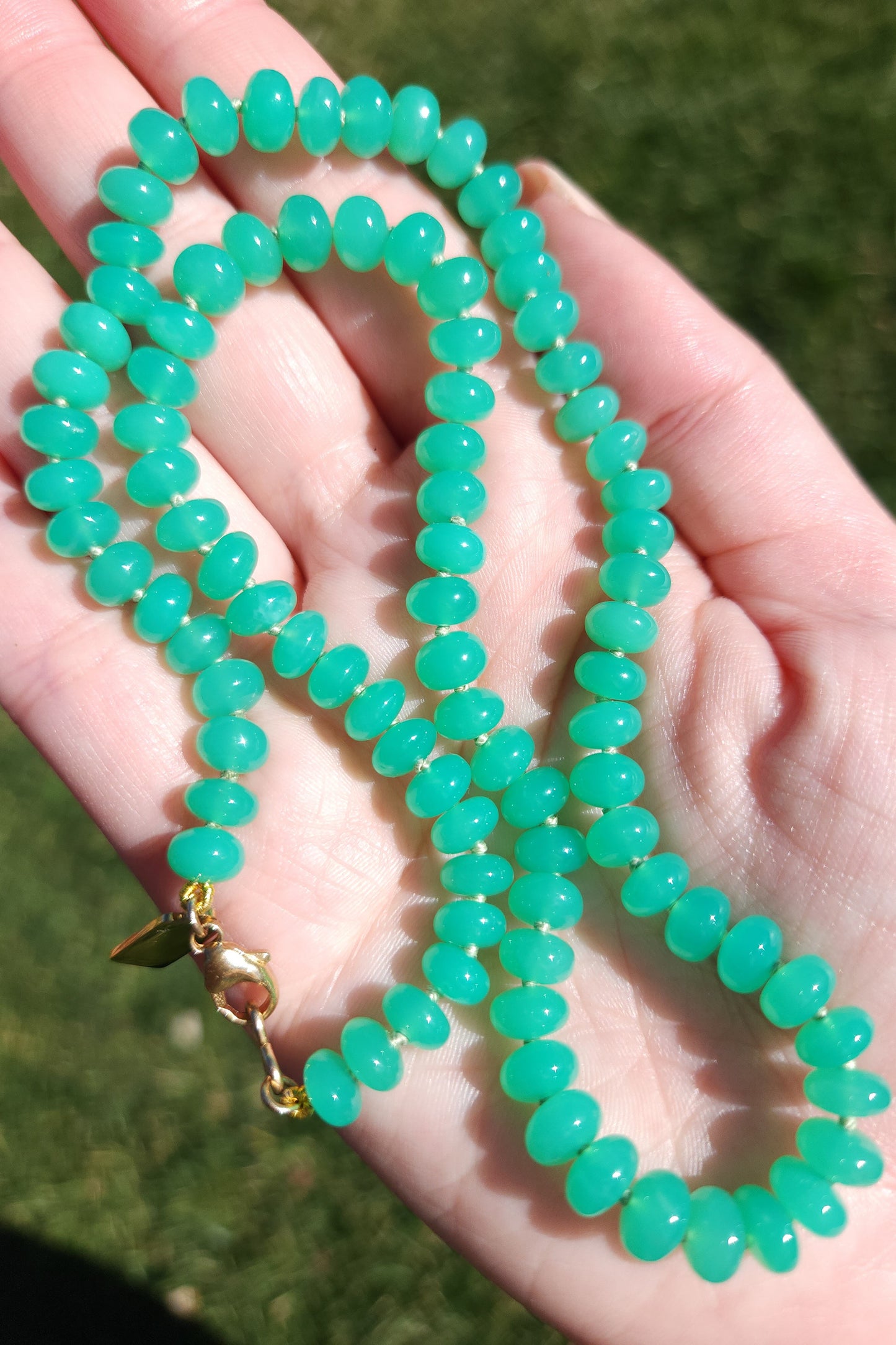 australian chrysoprase beaded candy necklace 14k yellow gold rondelles