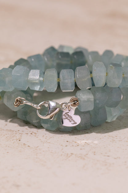Lake Waters - Mossy Aquamarine Crystal Cut Knotted Gemstone Necklace in Sterling Silver, 14k White Gold
