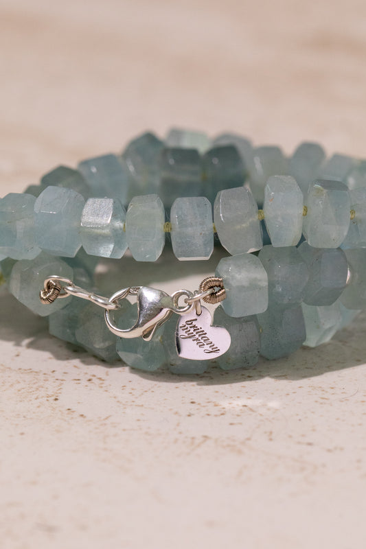 Lake Waters - Mossy Aquamarine Crystal Cut Knotted Gemstone Necklace in Sterling Silver, 14k White Gold