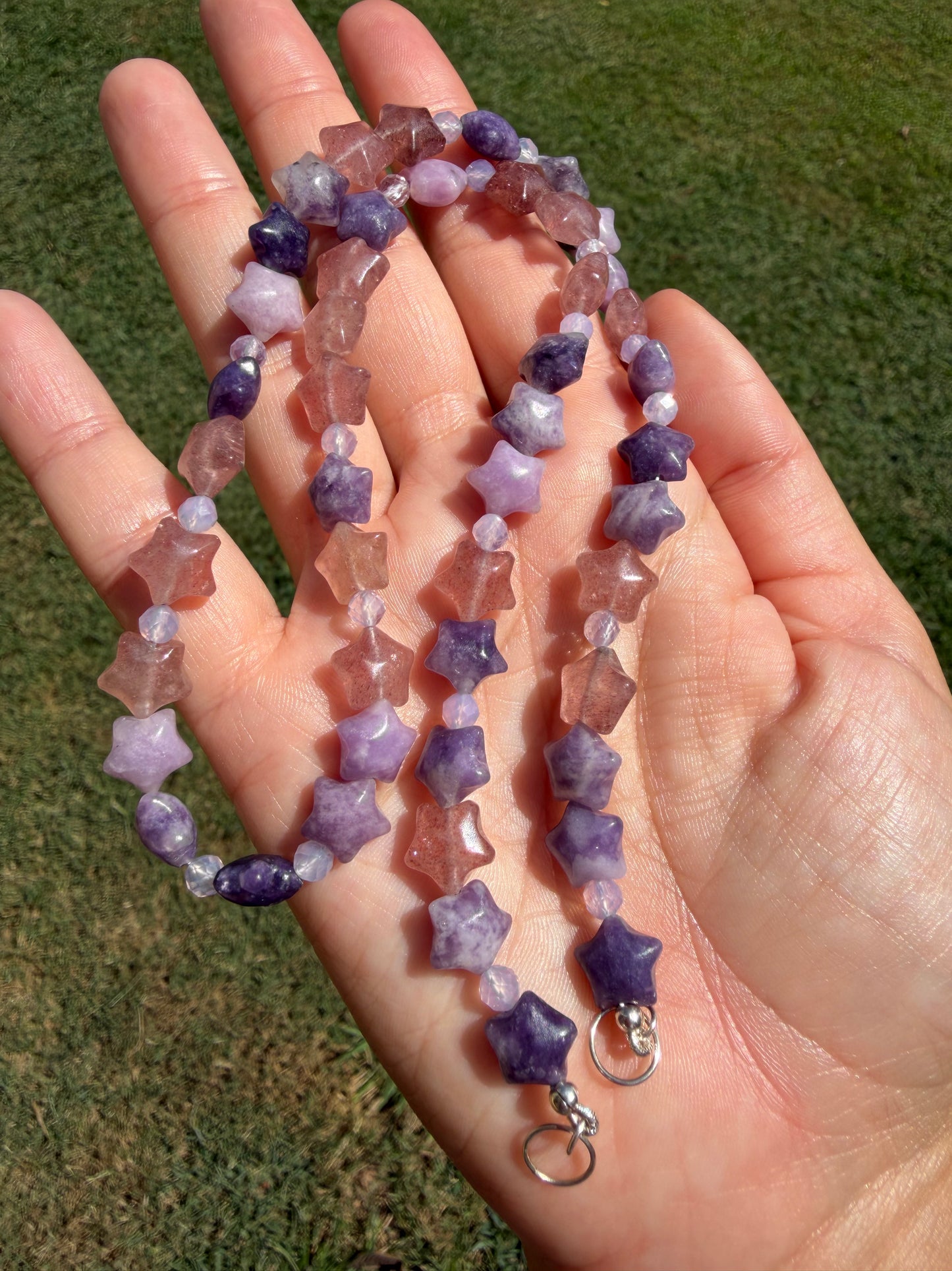 Lepidolite and Strawberry Quartz Puffy Stars beaded necklace Sterling silver