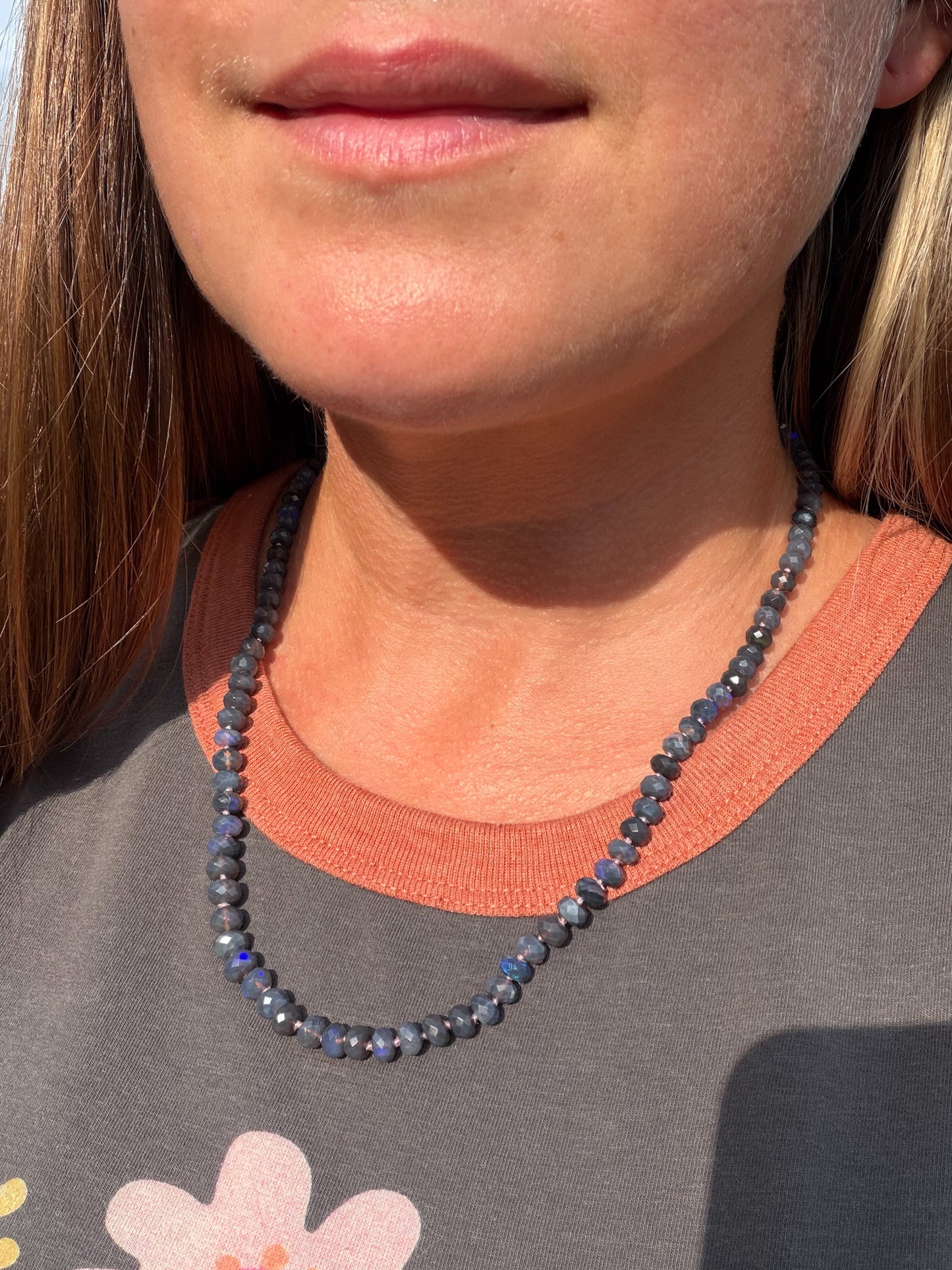 Australian Black Opal Knotted Gemstone Necklace 14k Gold
