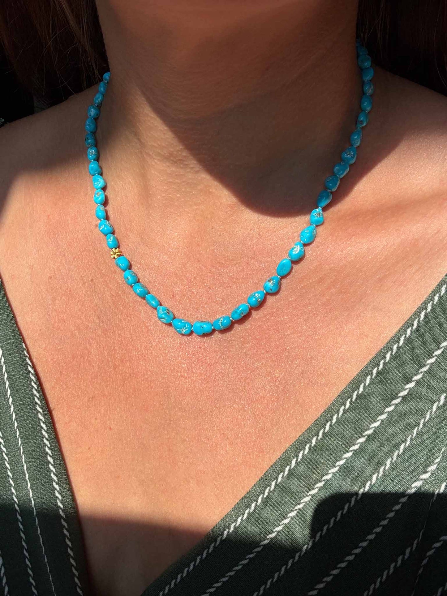 Sleeping Beauty Turquoise Nugget  Knotted Bead Necklace