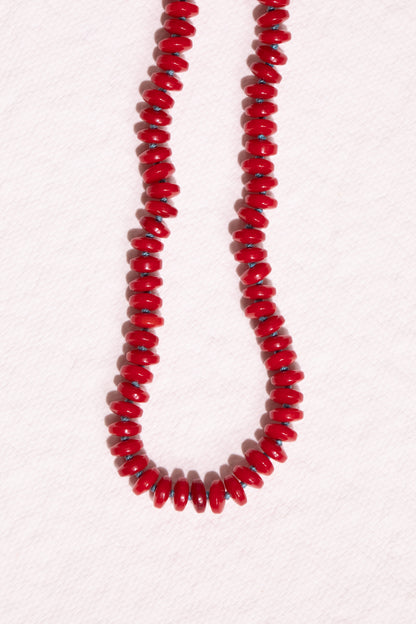 Red Bamboo Coral Knotted Bead Strand, Sterling Silver