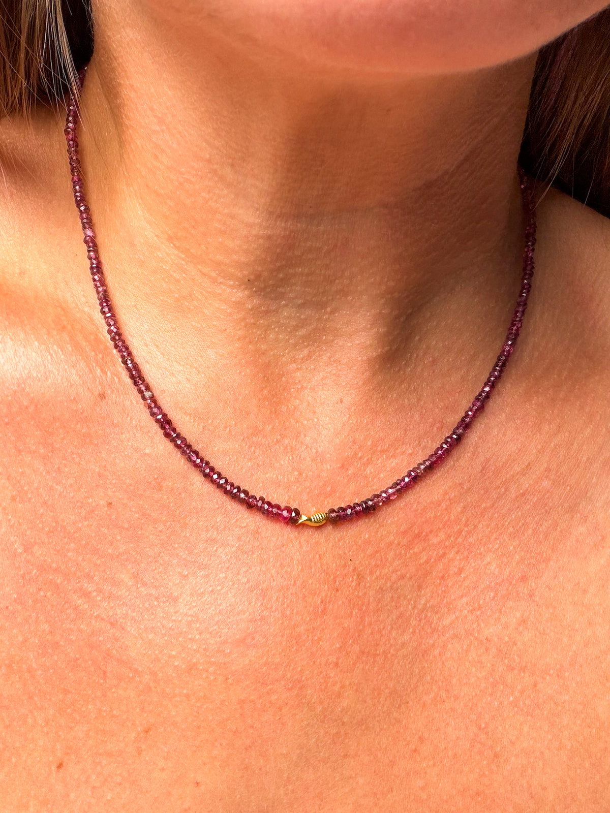 Rubellite Tourmaline Worry Fish Necklace, 14k Gold