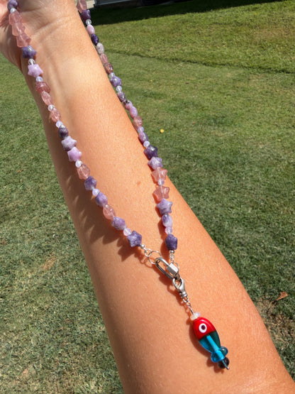 Lepidolite and Strawberry Quartz Puffy Stars beaded necklace Sterling silver