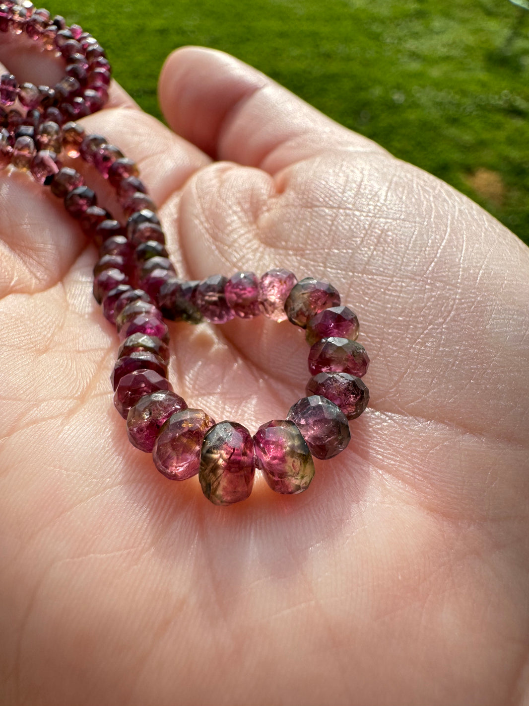 Watermelon Tourmaline Strand, 14k Gold, a close look at the stones