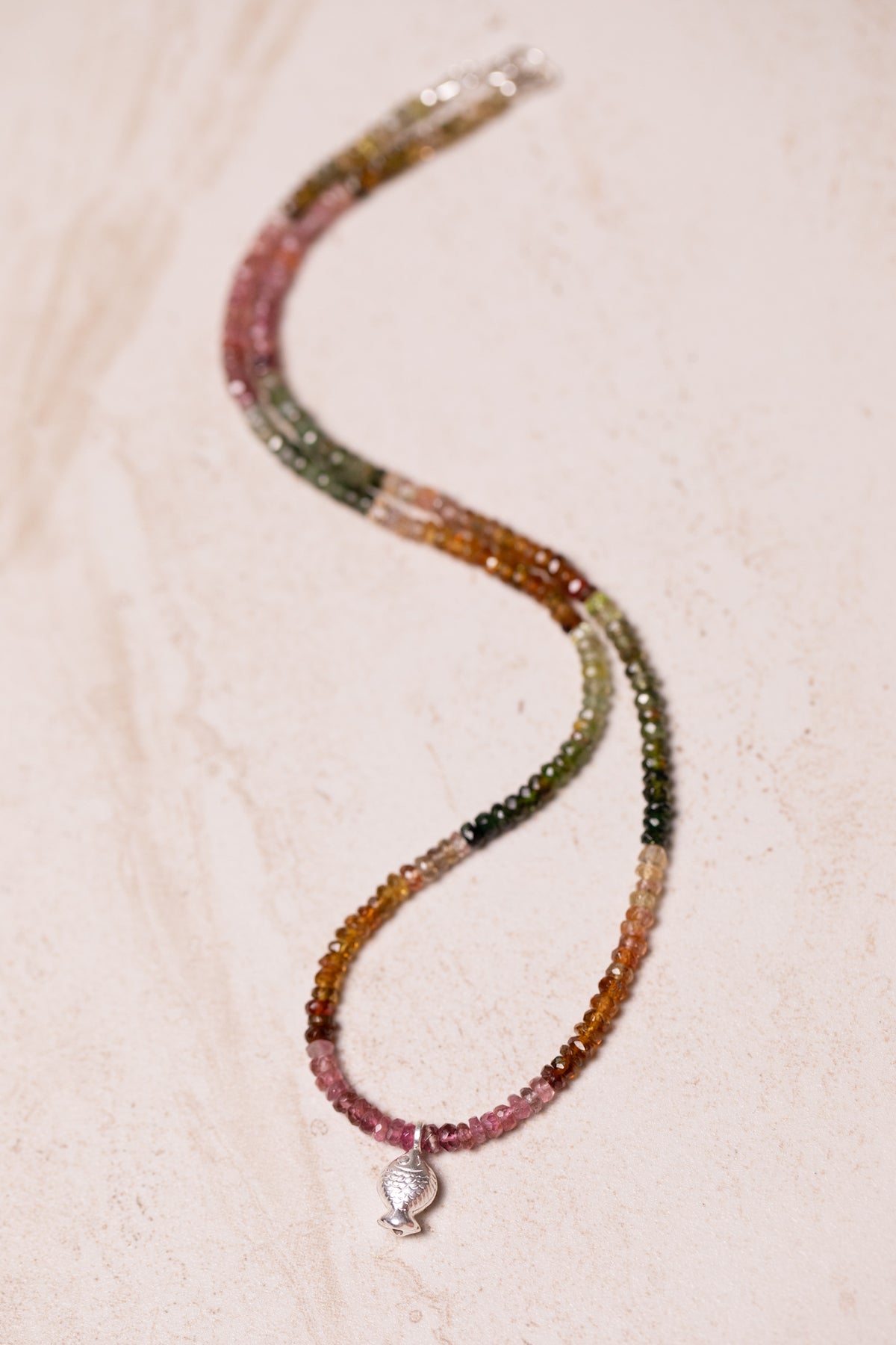 Multicolor Jewel-toned Tourmaline Worry Fish Necklace, Sterling Silver