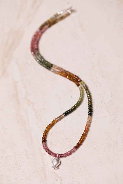 Multicolor Jewel-toned Tourmaline Worry Fish Necklace, Sterling Silver